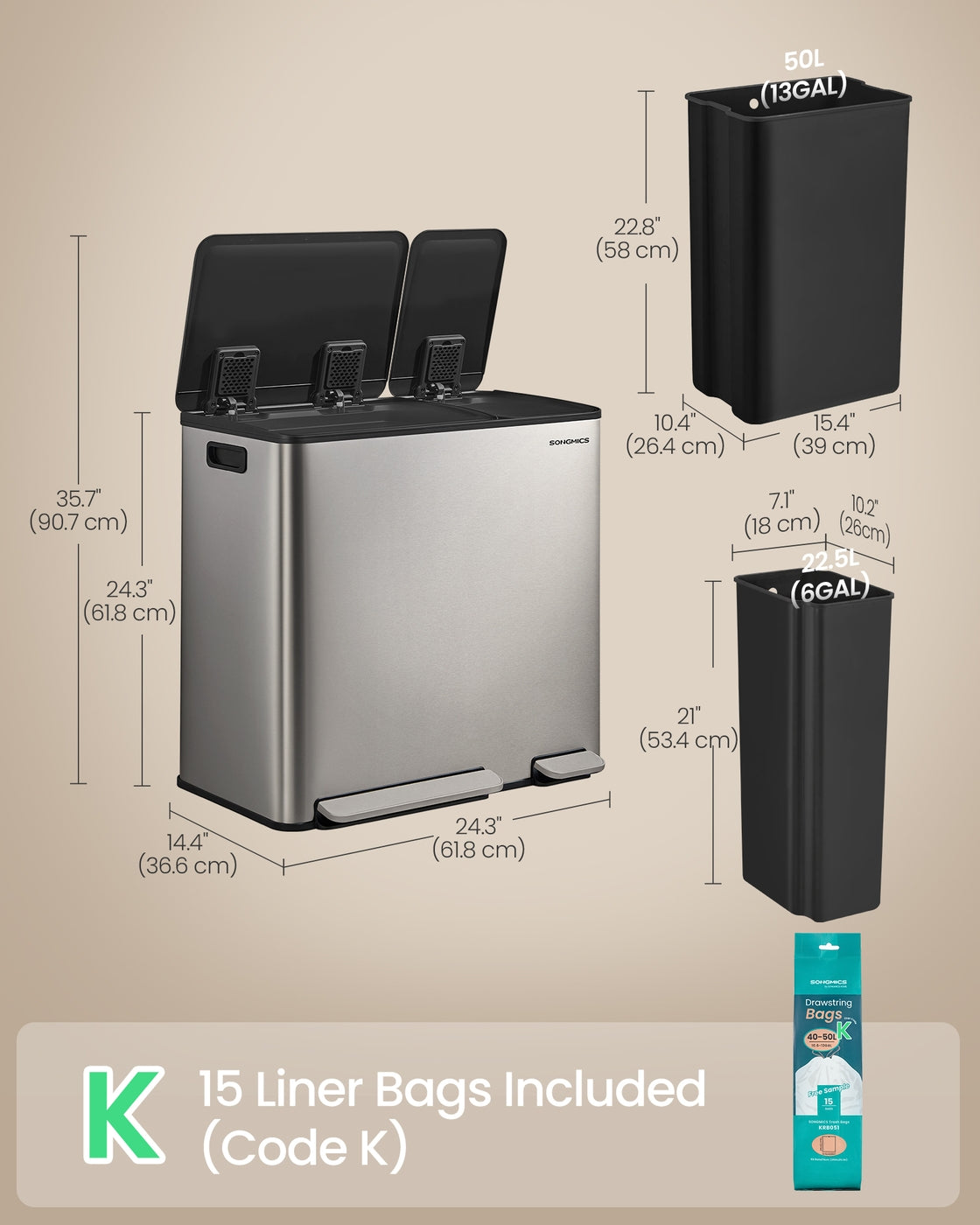 Dual-Compartment Trash Can - 13.2+5.3 Gallon - Soft-Close Lid - Stainless Steel - Silver - 15 Liners