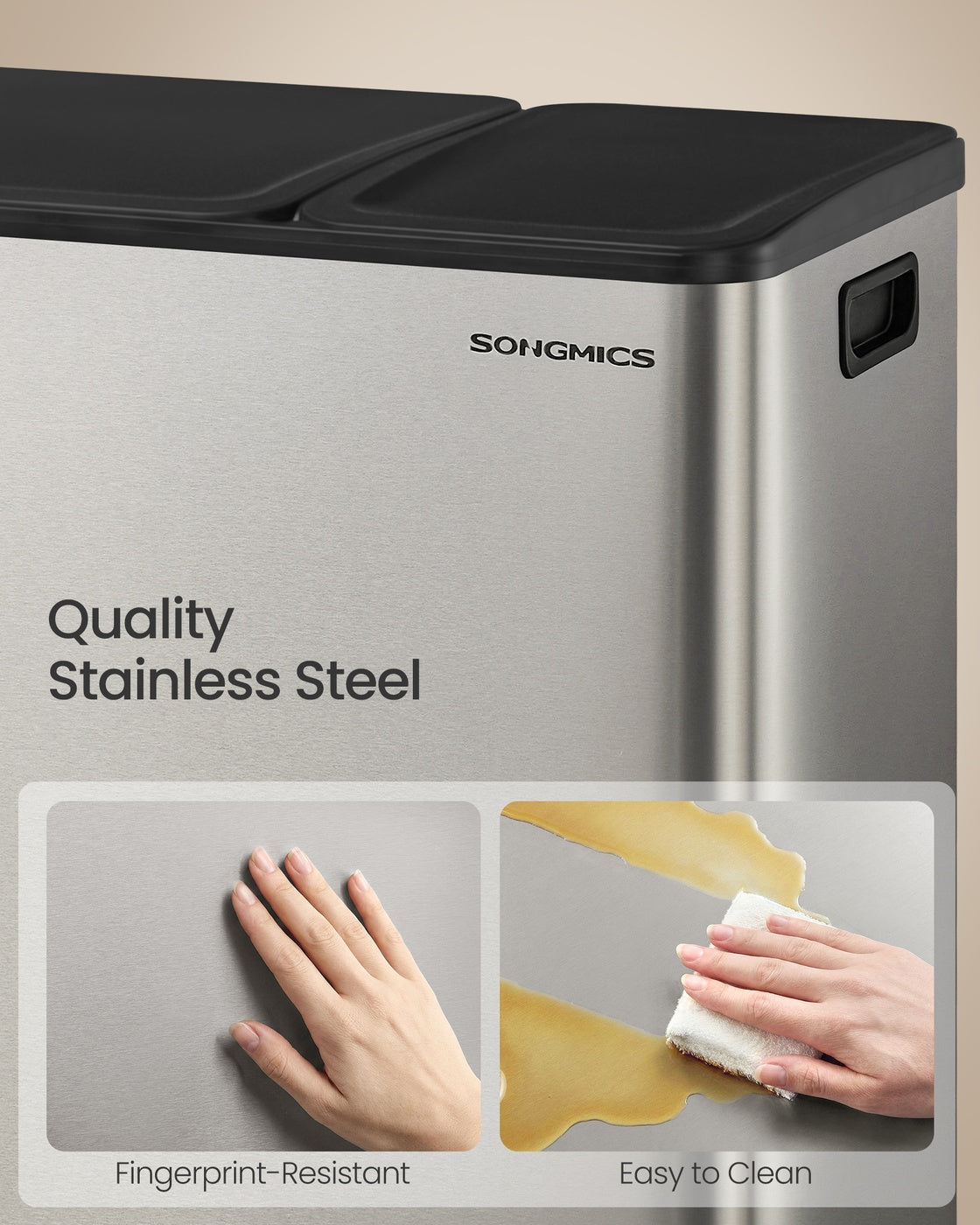 Dual-Compartment Trash Can - 13.2+5.3 Gallon - Soft-Close Lid - Stainless Steel - Silver - 15 Liners