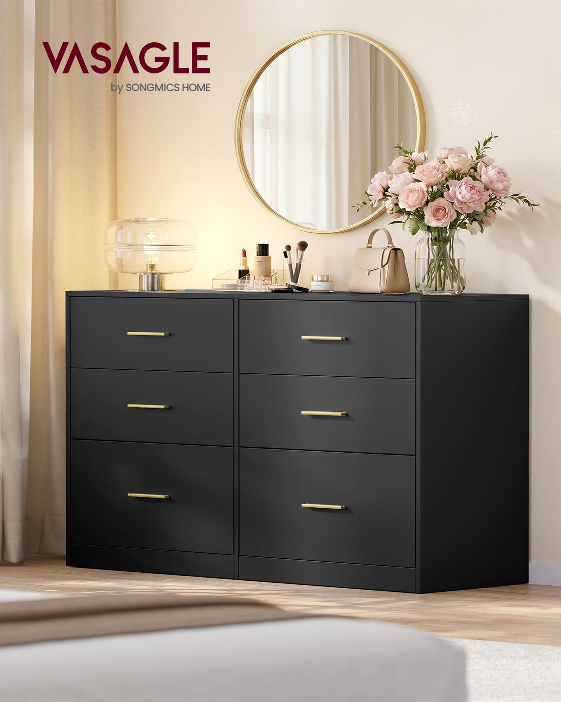 Wide 6-Drawer Dresser - LED Lights and Power Strip - TV Stand for Bedroom or Living Room