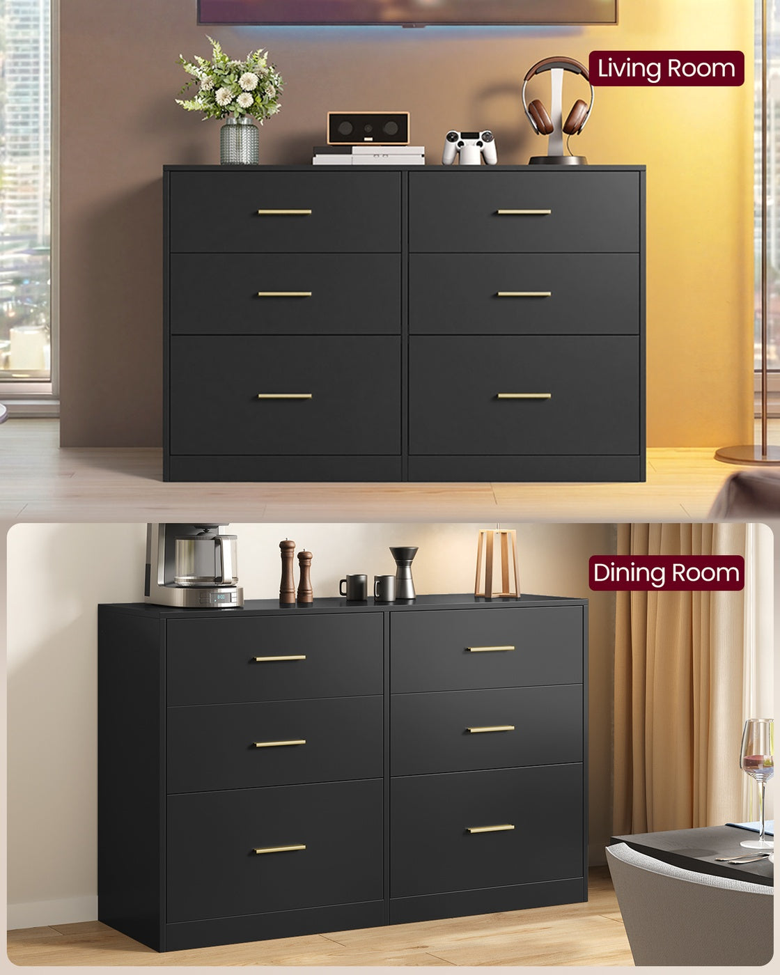 Wide 6-Drawer Dresser - LED Lights and Power Strip - TV Stand for Bedroom or Living Room
