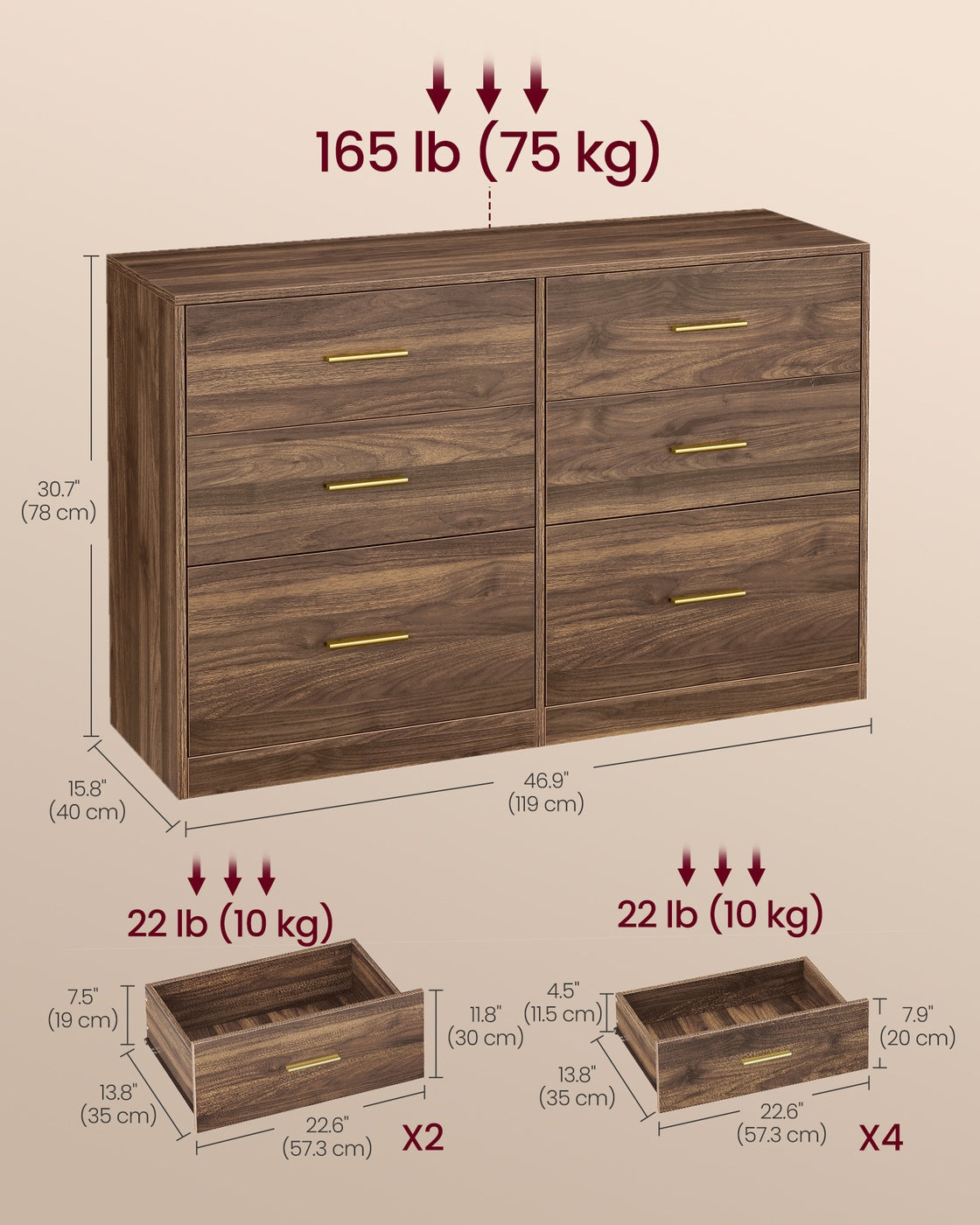 Wide 6-Drawer Dresser - LED Lights and Power Strip - TV Stand for Bedroom or Living Room