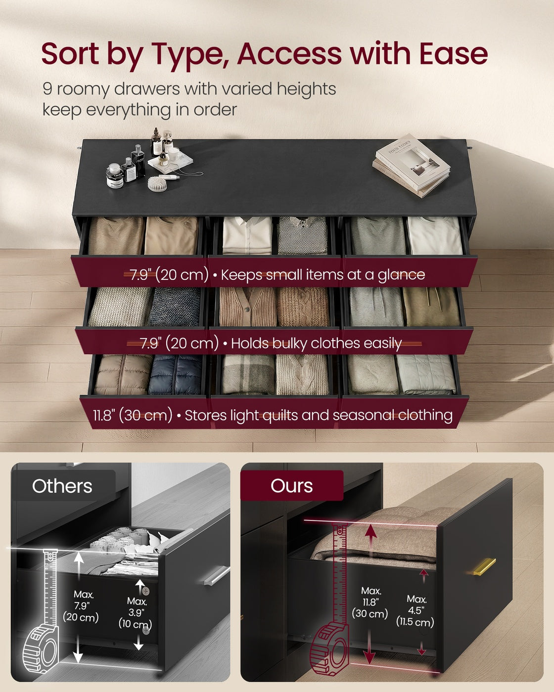 CUSTOS Collection - Dresser with 9 Drawers Ink Black - Matte White