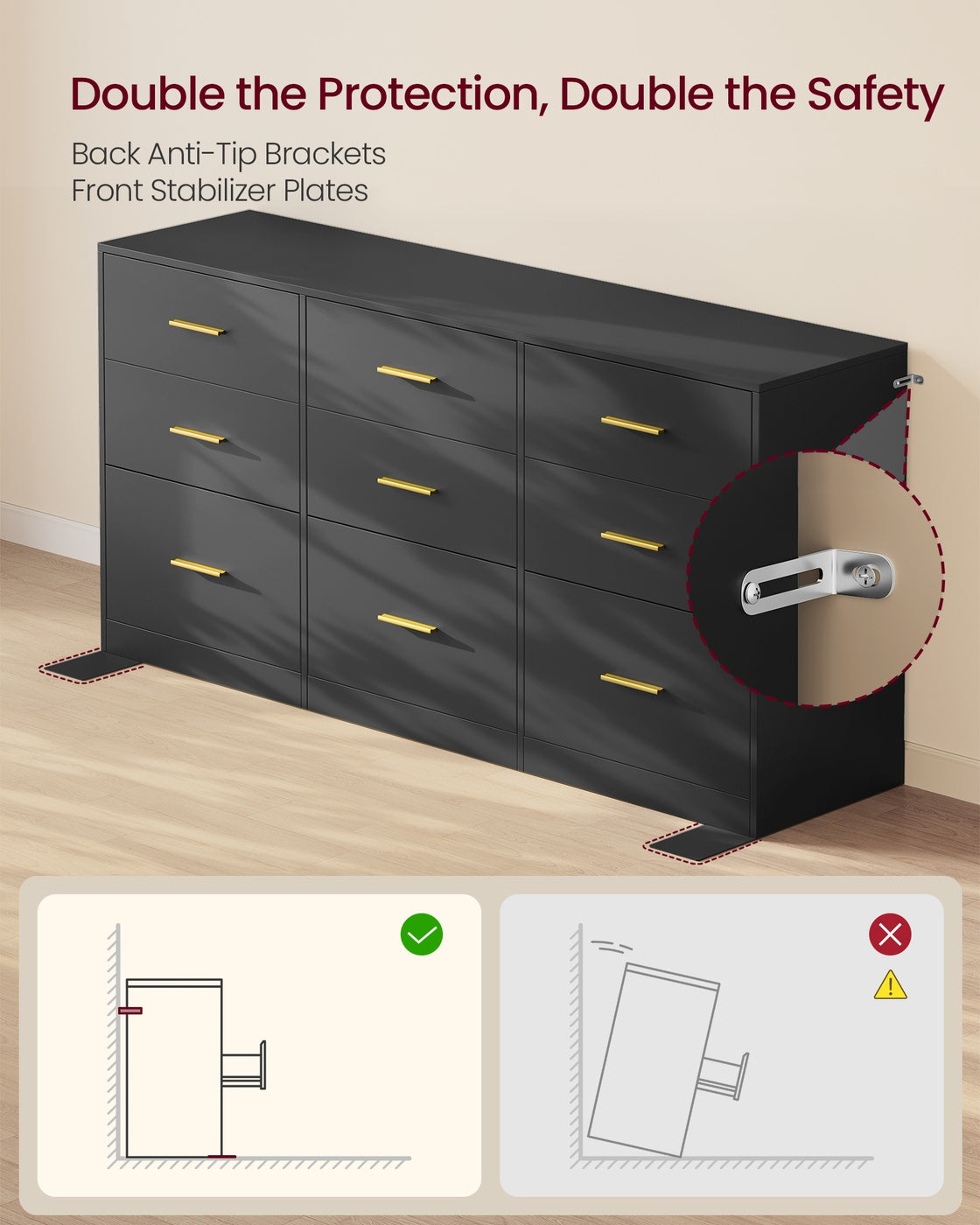 CUSTOS Collection - Dresser with 9 Drawers Ink Black - Matte White