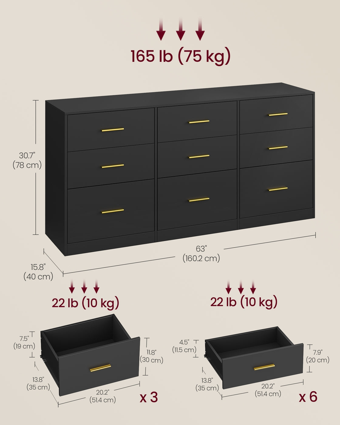 CUSTOS Collection - Dresser with 9 Drawers Ink Black - Matte White