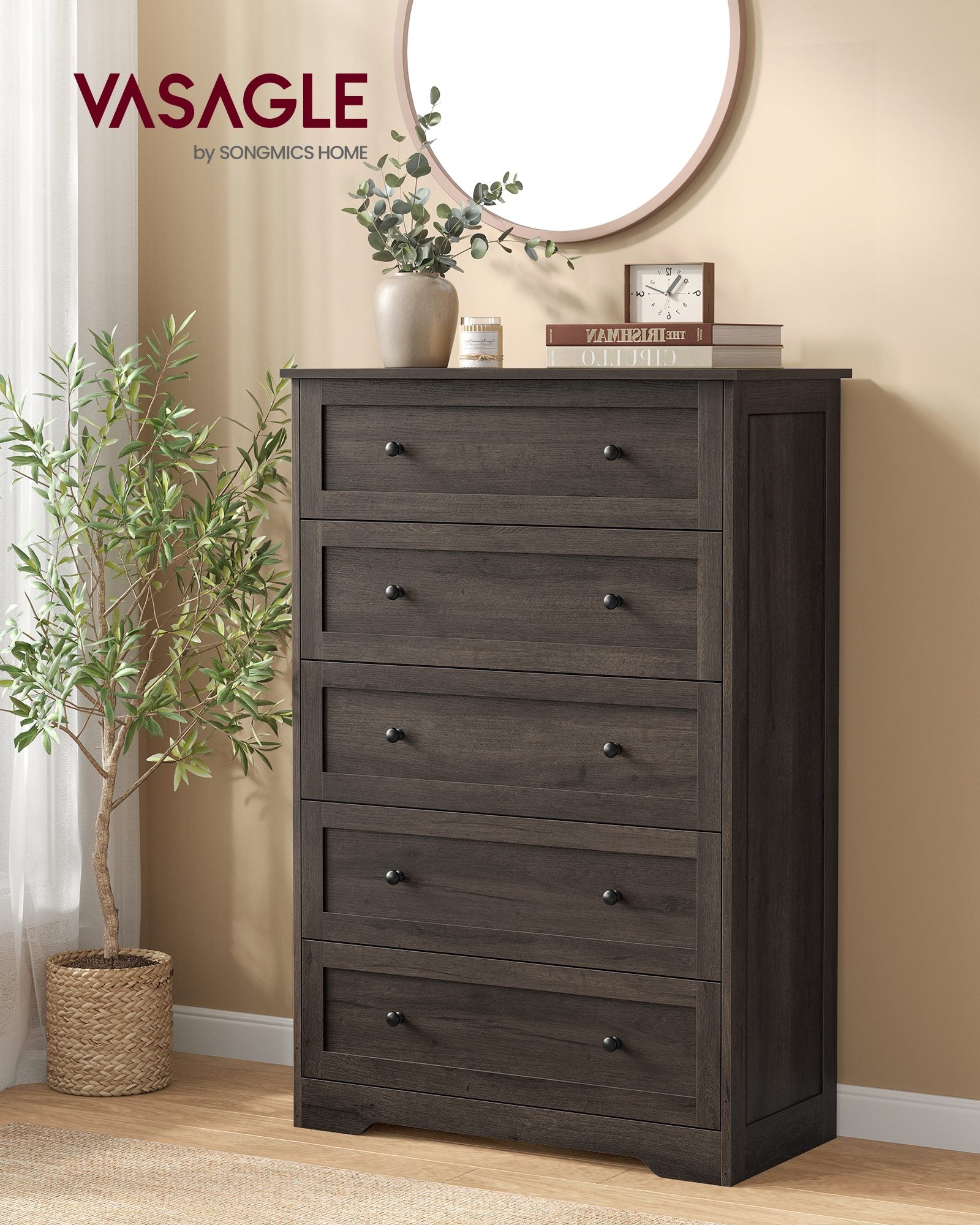 5-Drawer Dresser - Engineered Wood - 31.5"x15.7"x47.4" - Taupe Brown/Honey Brown - Taupe Brown, Honey Brown