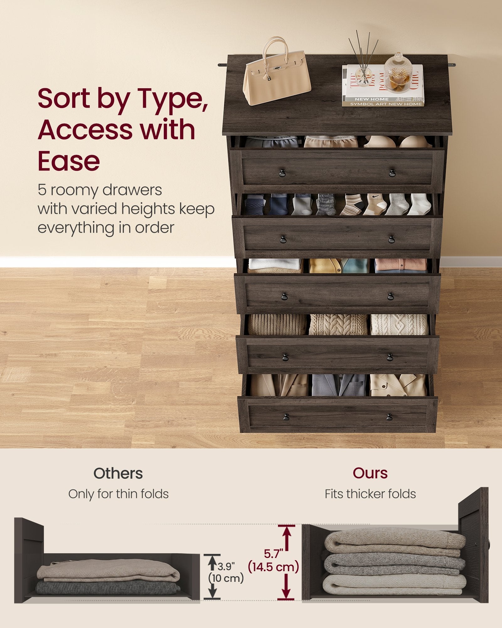 5-Drawer Dresser - Engineered Wood - 31.5"x15.7"x47.4" - Taupe Brown/Honey Brown - Taupe Brown, Honey Brown
