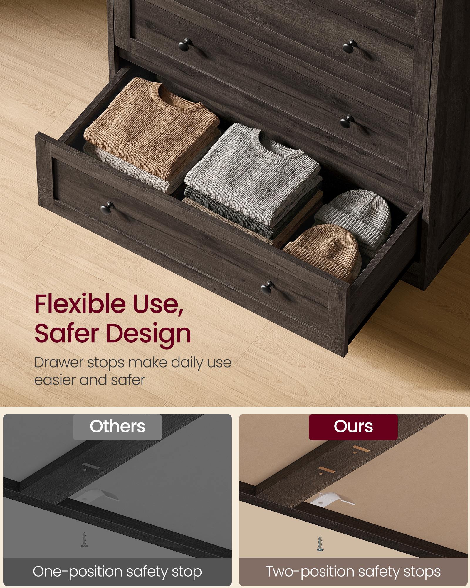 5-Drawer Dresser - Engineered Wood - 31.5"x15.7"x47.4" - Taupe Brown/Honey Brown - Taupe Brown, Honey Brown