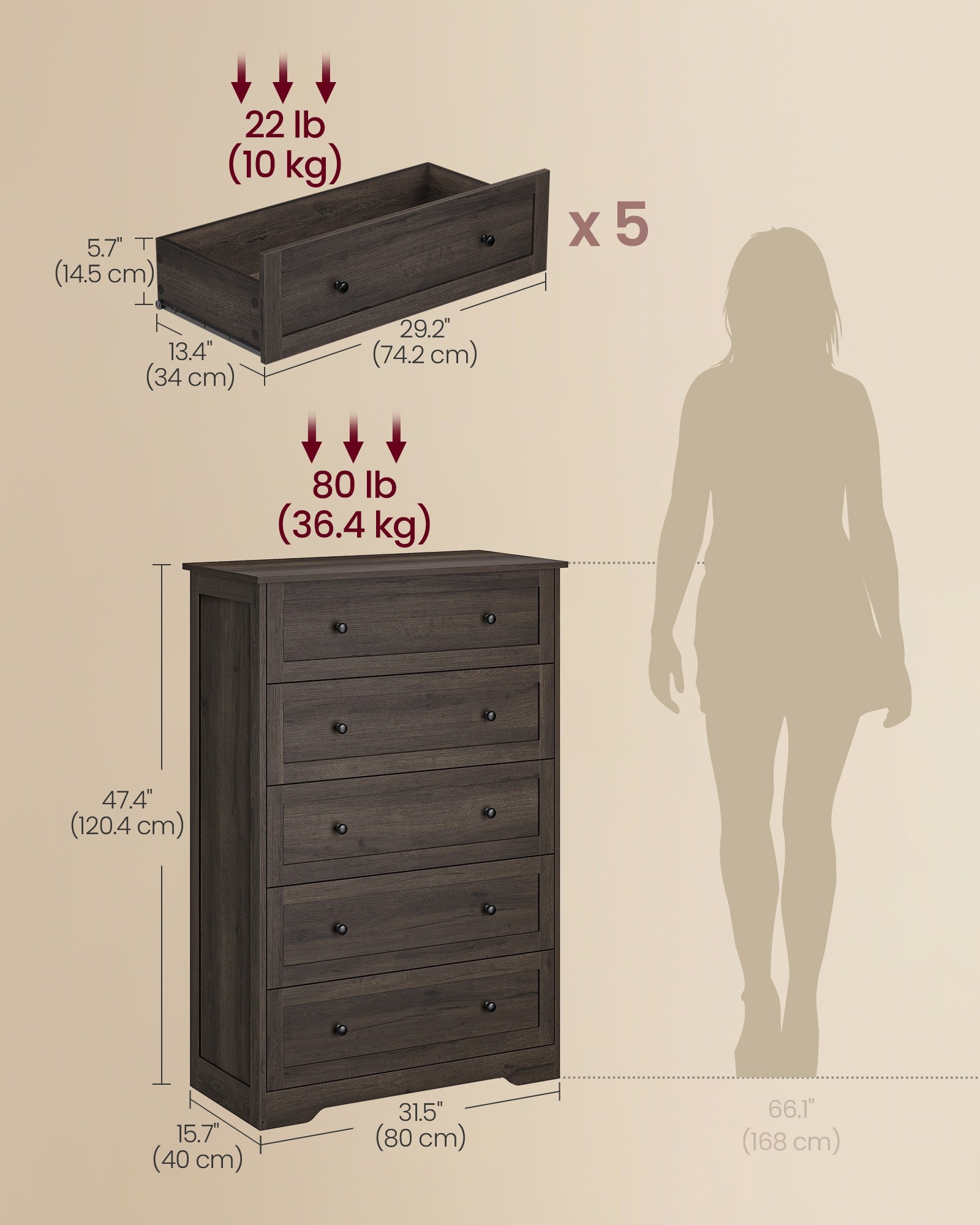 5-Drawer Dresser - Engineered Wood - 31.5"x15.7"x47.4" - Taupe Brown/Honey Brown - Taupe Brown, Honey Brown