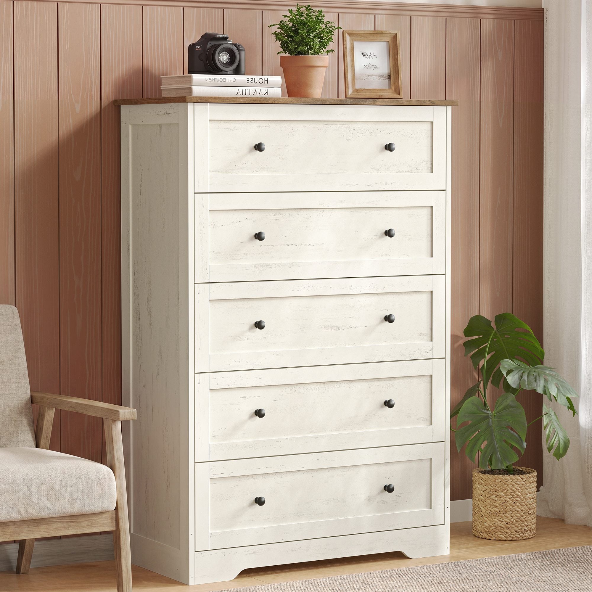 5-Drawer Dresser - Engineered Wood - 31.5"x15.7"x47.4" - Taupe Brown/Honey Brown - Cloud White, Warm Brown - 31.5 x 15.7 x 47.4 inch