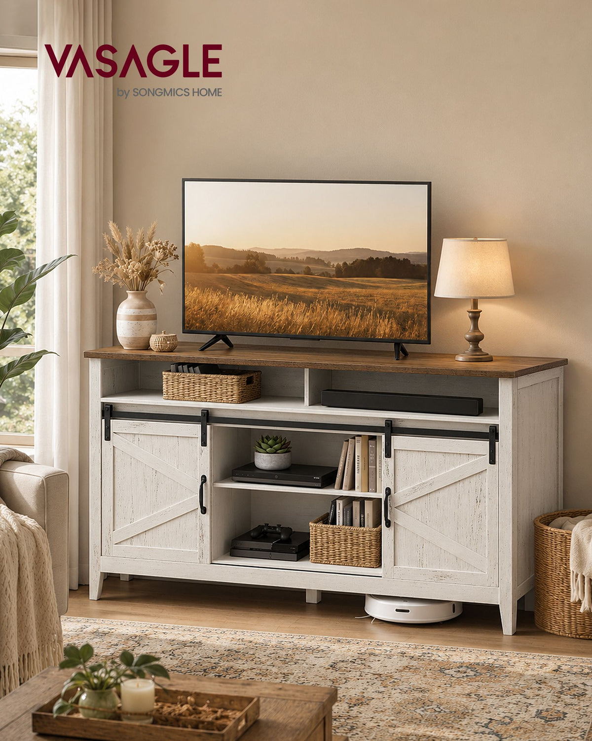 Tall Farmhouse TV Stand - Rustic White and Honey Brown
