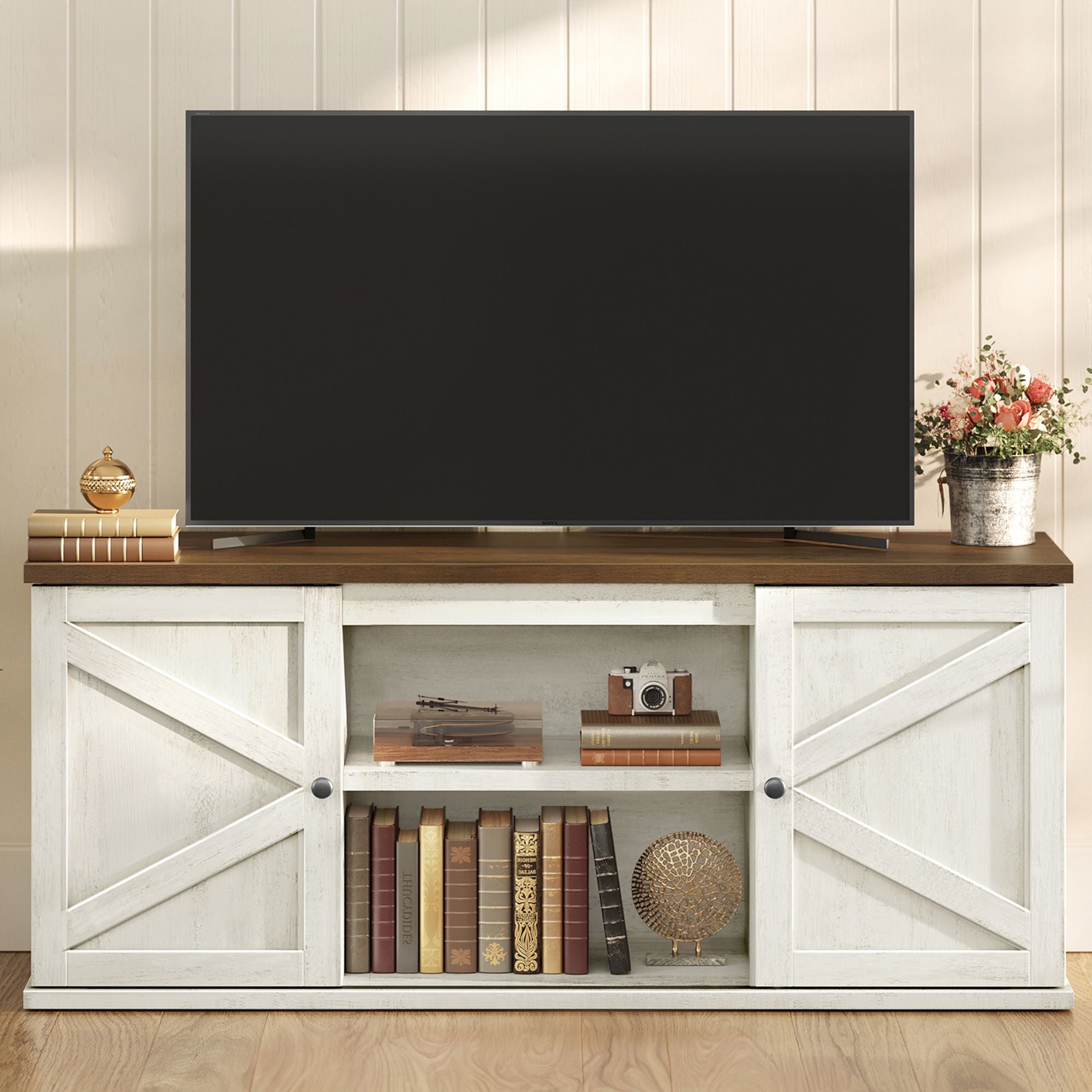 Farmhouse TV Stand for TVs Up to 65 Inches - Entertainment Center with Storage Cabinets and Sliding Barn Doors