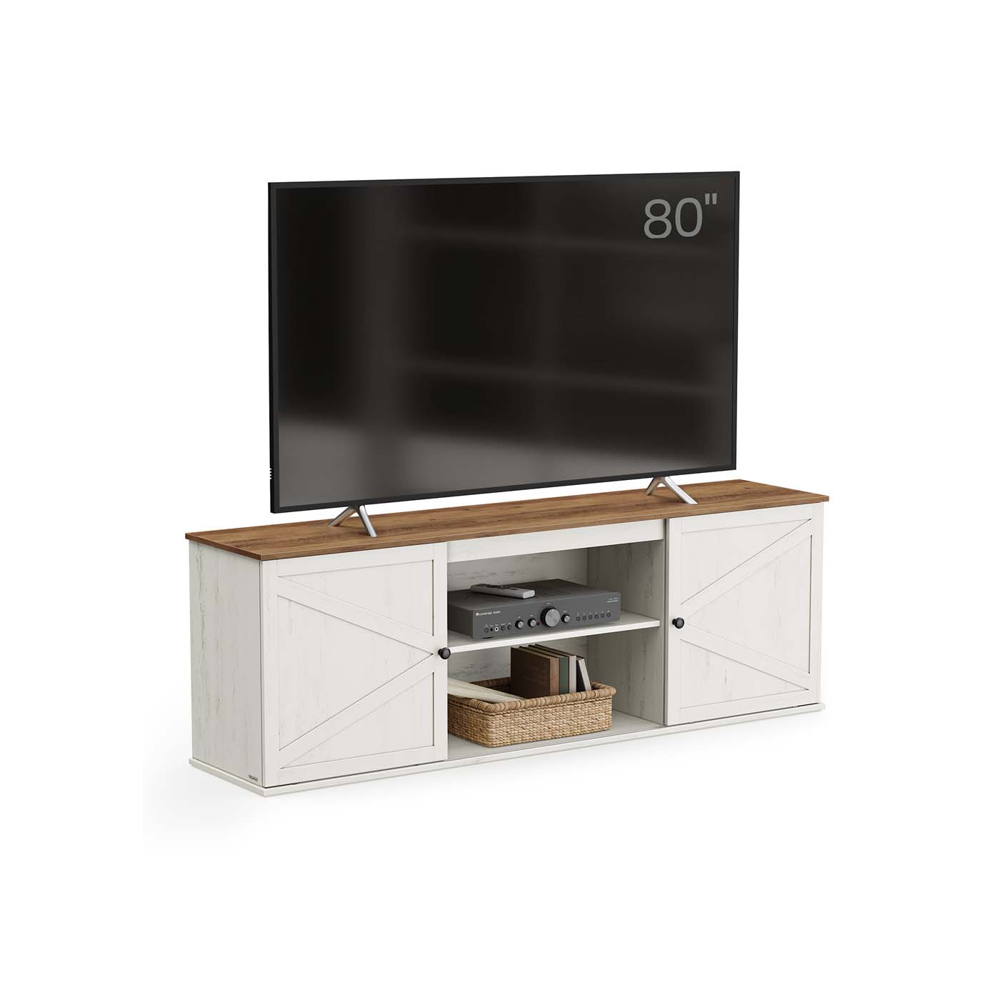 Farmhouse TV Stand with Storage Cabinets and Sliding Barn Doors - Rustic White, Honey Brown - 70"L x 16"W x 24"H