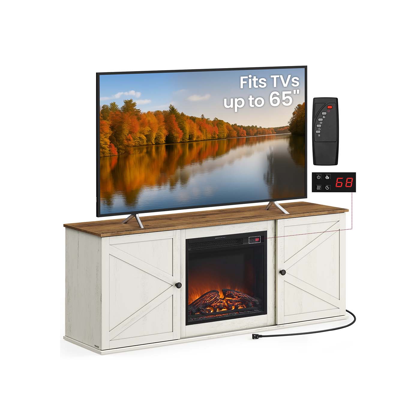 Farmhouse TV Stand with Storage Cabinets and Sliding Barn Doors - Rustic White, Honey Brown - 58"L x 16"W x 24"H