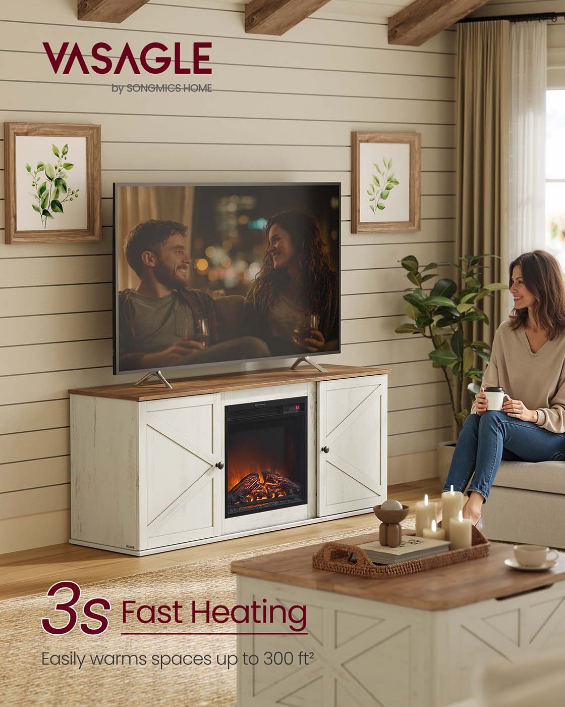 Farmhouse TV Stand with Storage Cabinets and Sliding Barn Doors - Rustic White, Honey Brown