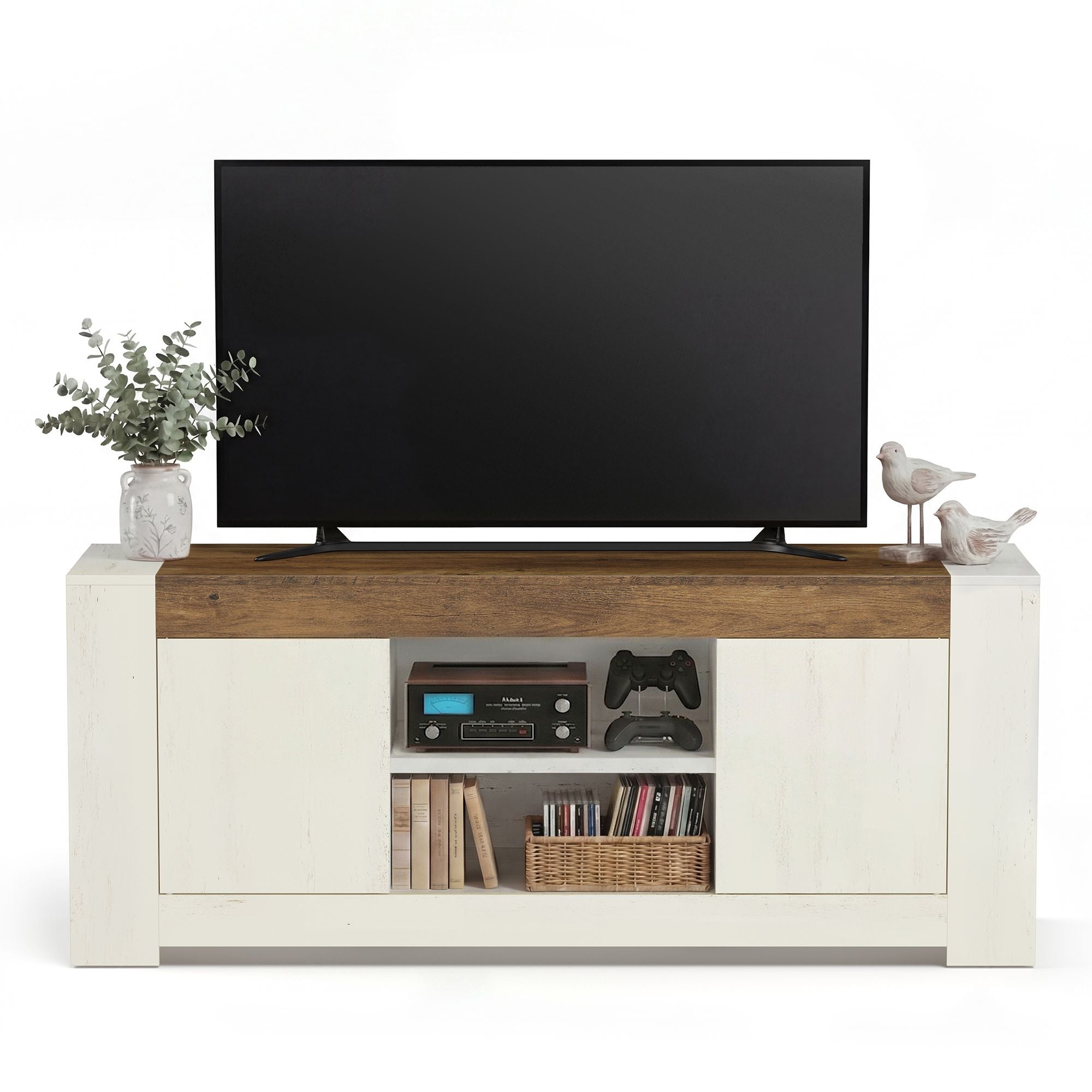 TV Stand - Farmhouse Entertainment Center with Storage Cabinets - Media Console Table for Living Room - Vintage White