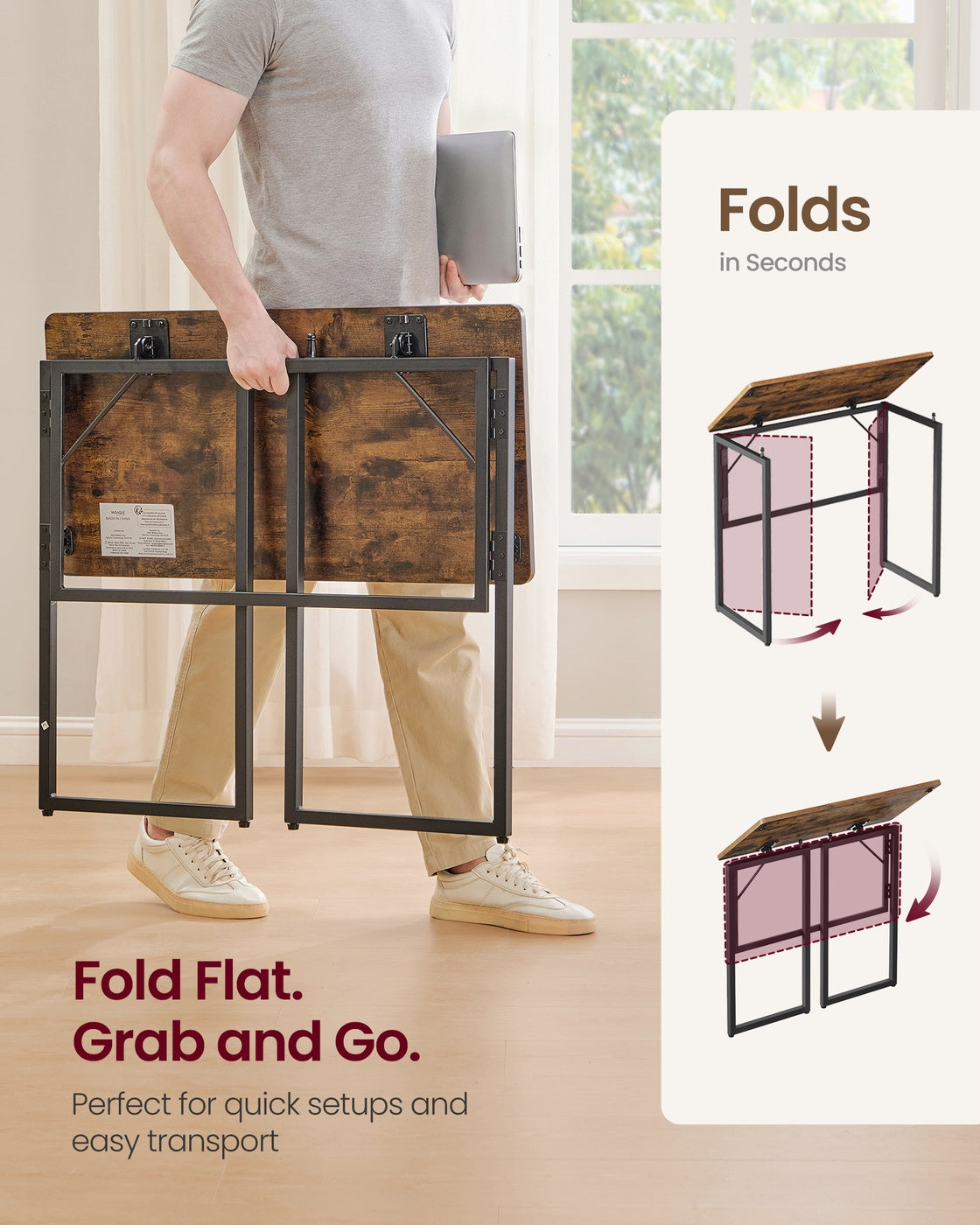 One-Piece Foldable Computer Desk with Rounded Edges - Rustic Brown