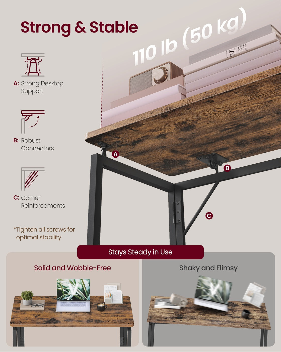 One-Piece Foldable Computer Desk with Rounded Edges - Rustic Brown