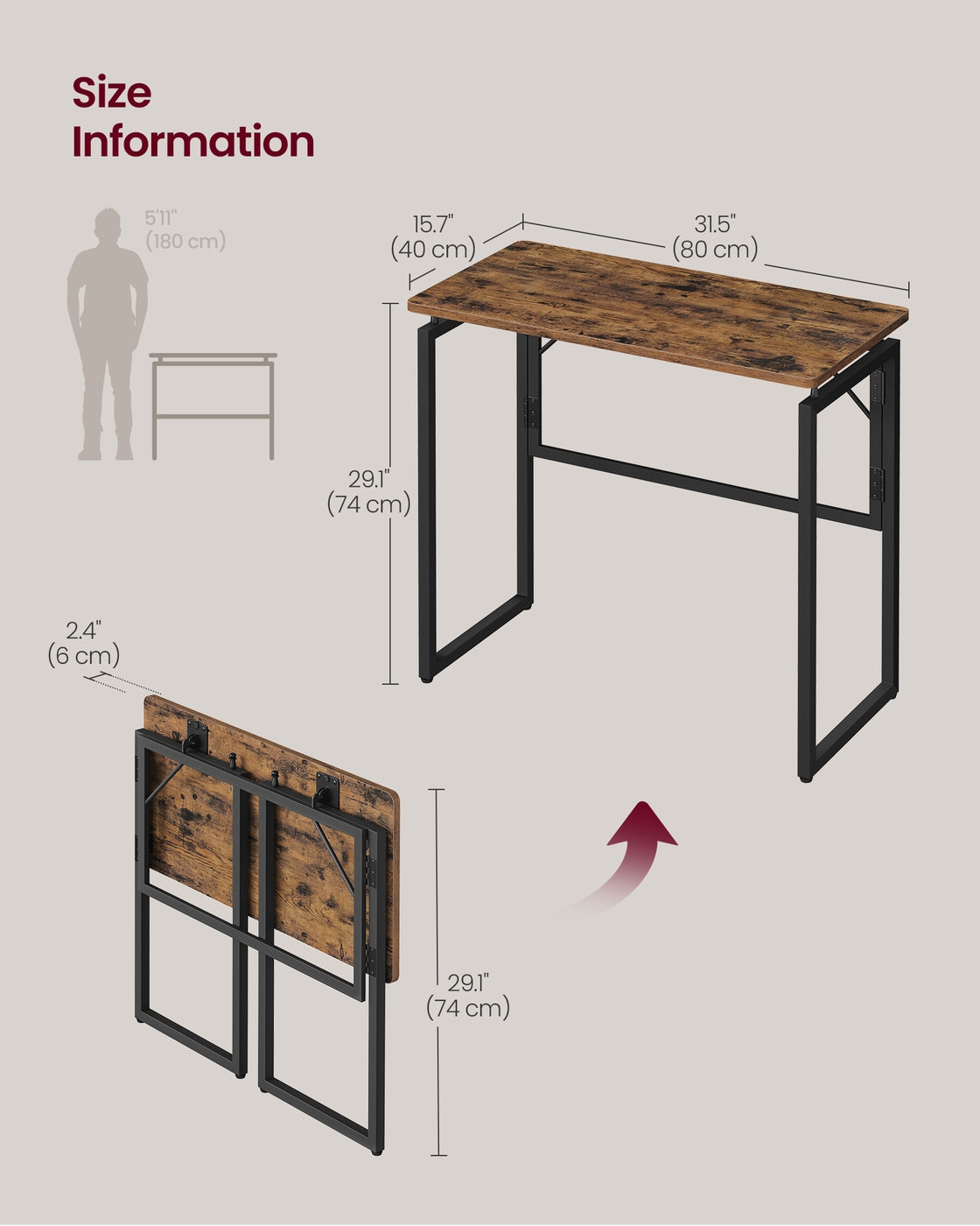 One-Piece Foldable Computer Desk with Rounded Edges - Rustic Brown