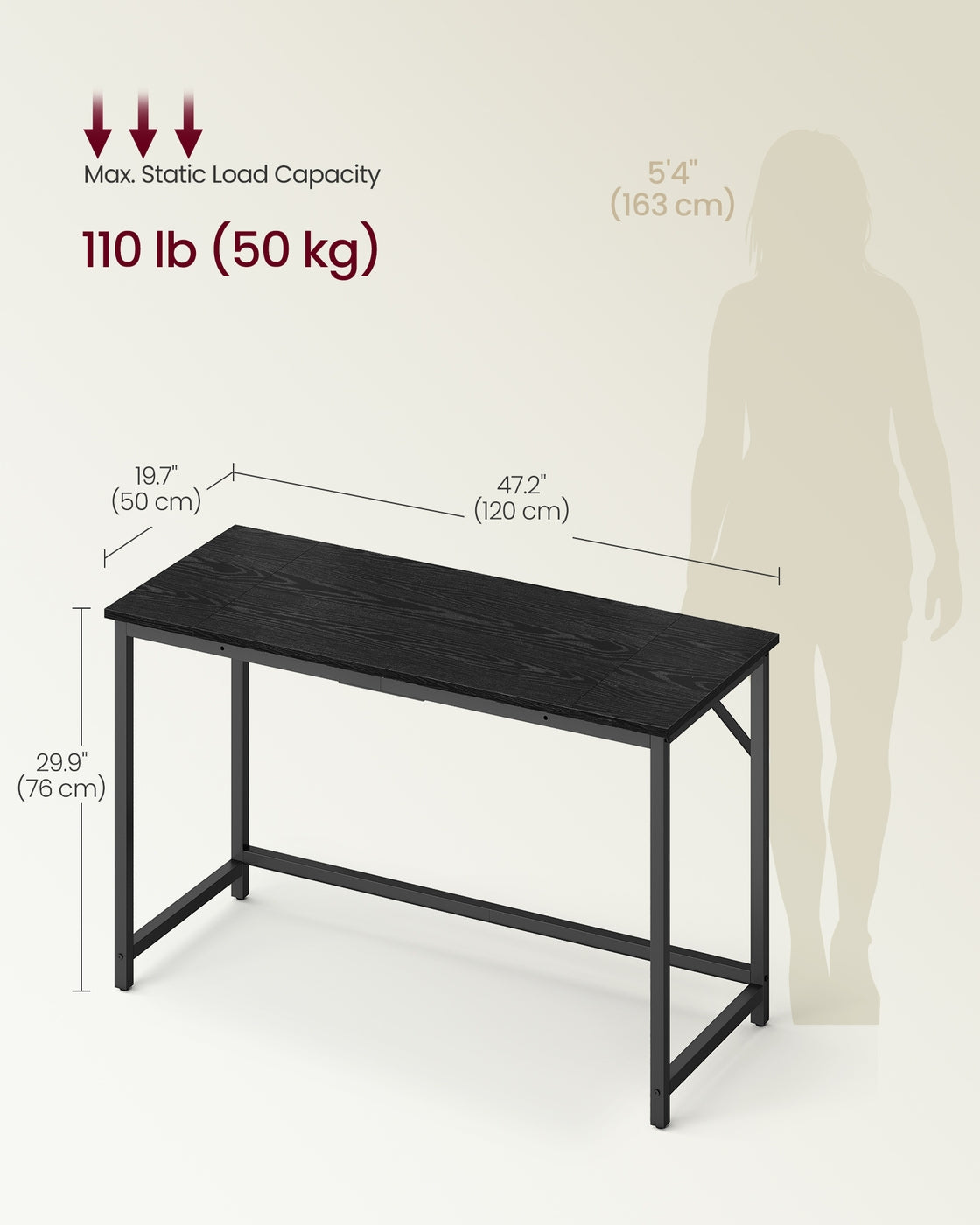 Steel Frame Computer Desk for Study or Home Office - Ebony Black, Ink Black