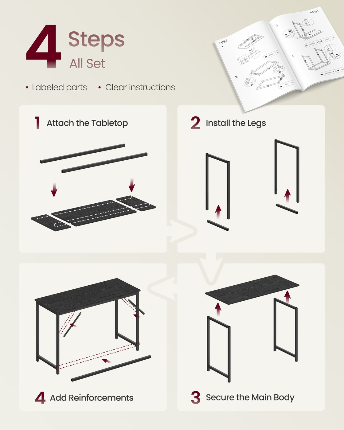 Steel Frame Computer Desk for Study or Home Office - Ebony Black, Ink Black