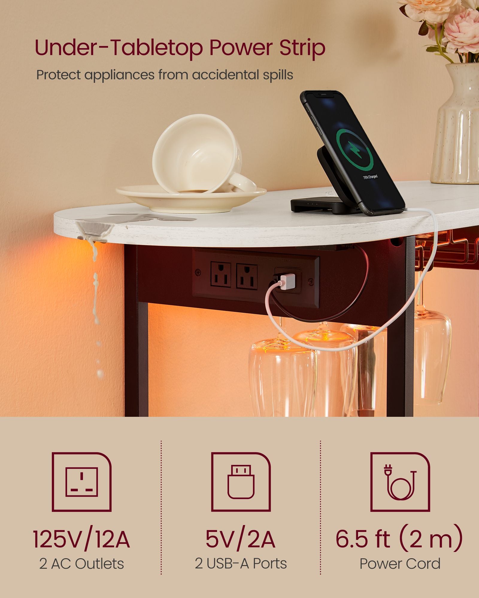 Bar Cabinet with LED Lights and Power Outlets - Freestanding Coffee Bar Wine Cabinet - Black