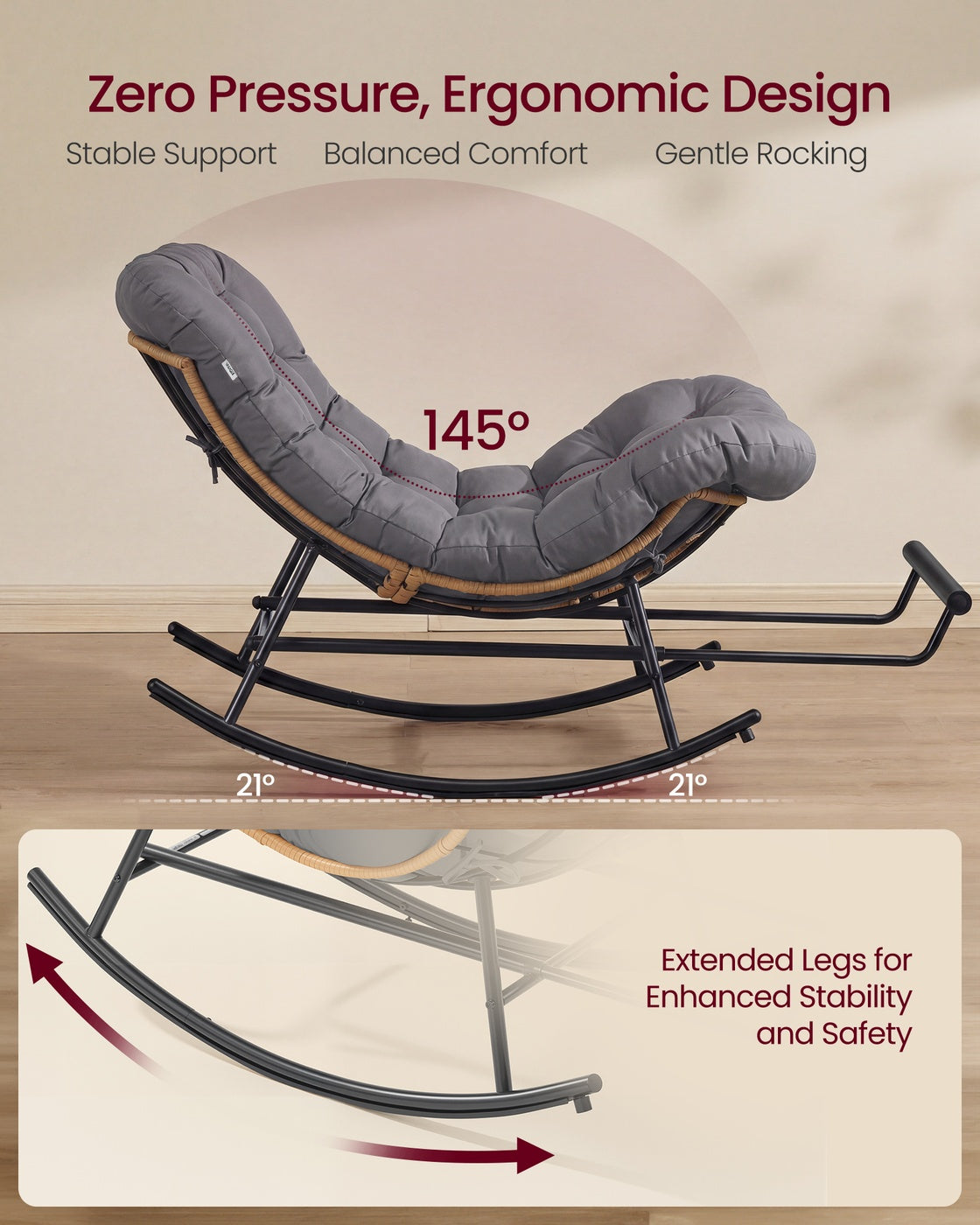 Outdoor Rocking Papasan Chair - Extendable Footrest - Removable Cushion