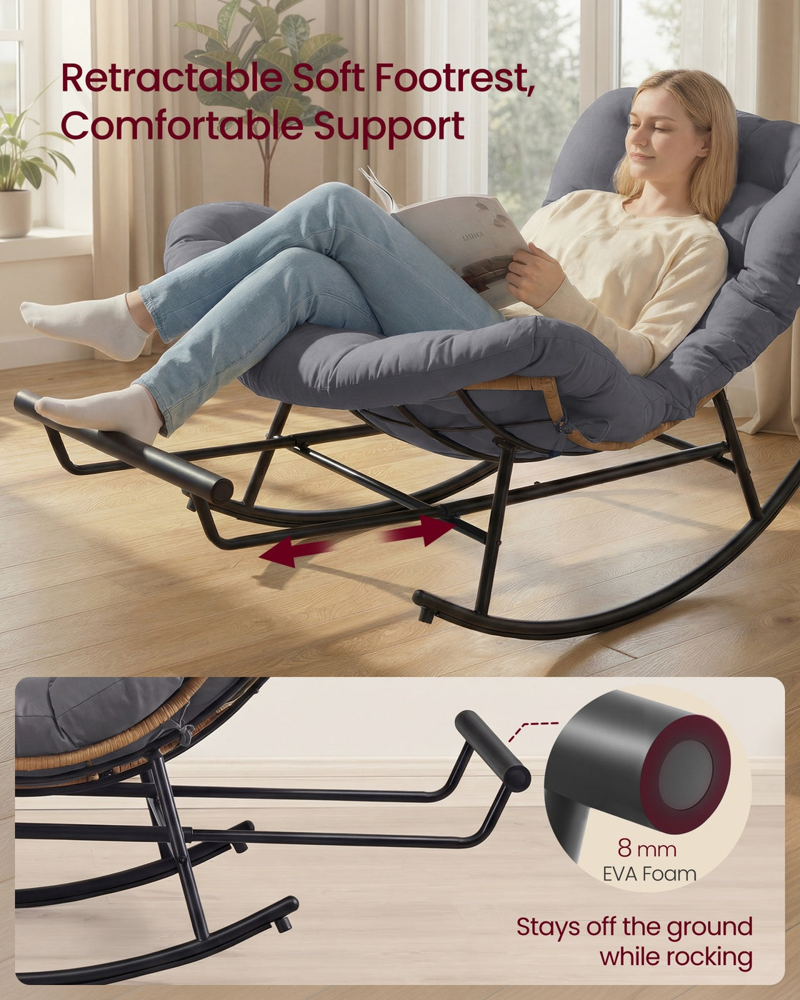 Outdoor Rocking Papasan Chair - Extendable Footrest - Removable Cushion