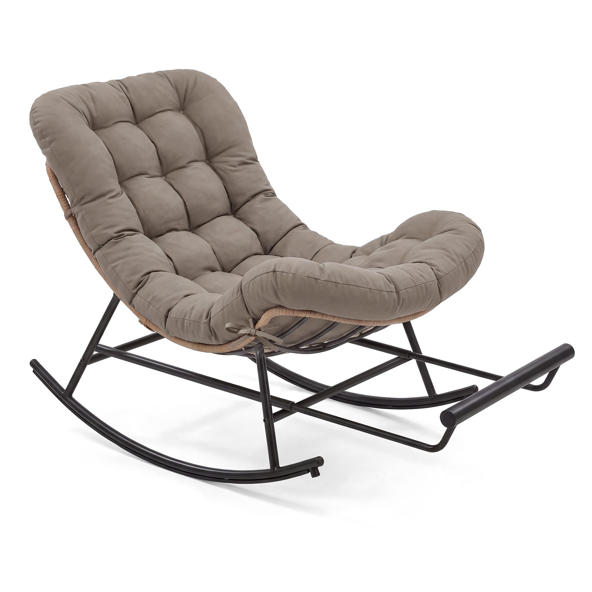 Outdoor Rocking Chair - Papasan Chair with Extendable Footrest - Outdoor Furniture - Heavy Duty Rocker with Removable Cushion - Outdoor Chair for Porch Patio Garden - Cappuccino Beige ULYY062LZ01V1