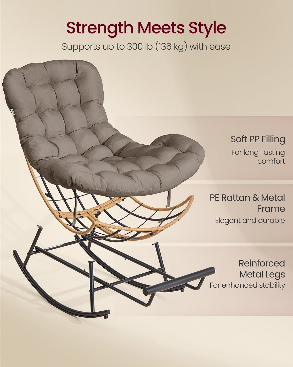 Steel Rocking Papasan Chair - Deep Cushioned Seat - Patio and Indoor Use