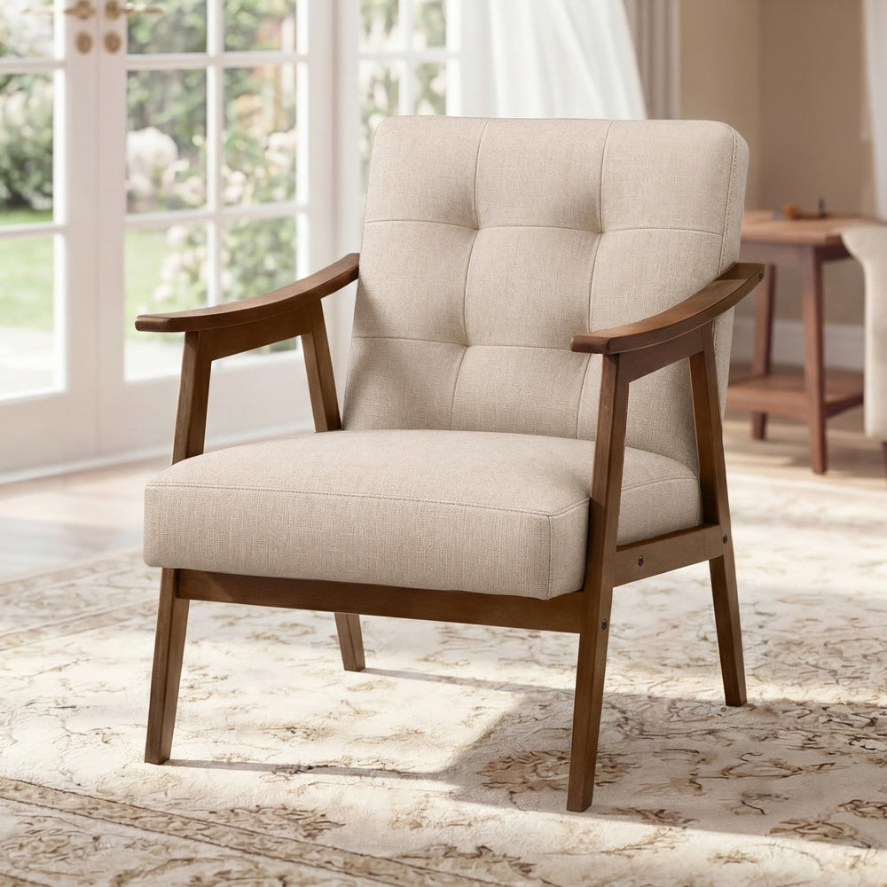 Leather-Look Accent Chair - Mid-Century Silhouette - Living Room Or Office Seating - Beige