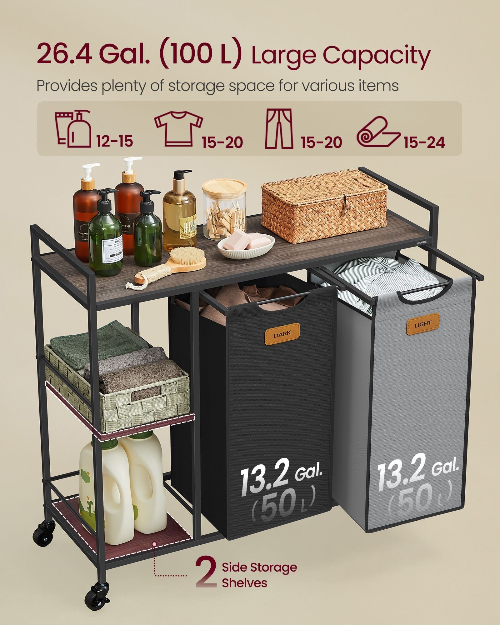 Laundry Hamper with Wheels, 2/3 Removable Liners, Adjustable Feet, Storage Shelves