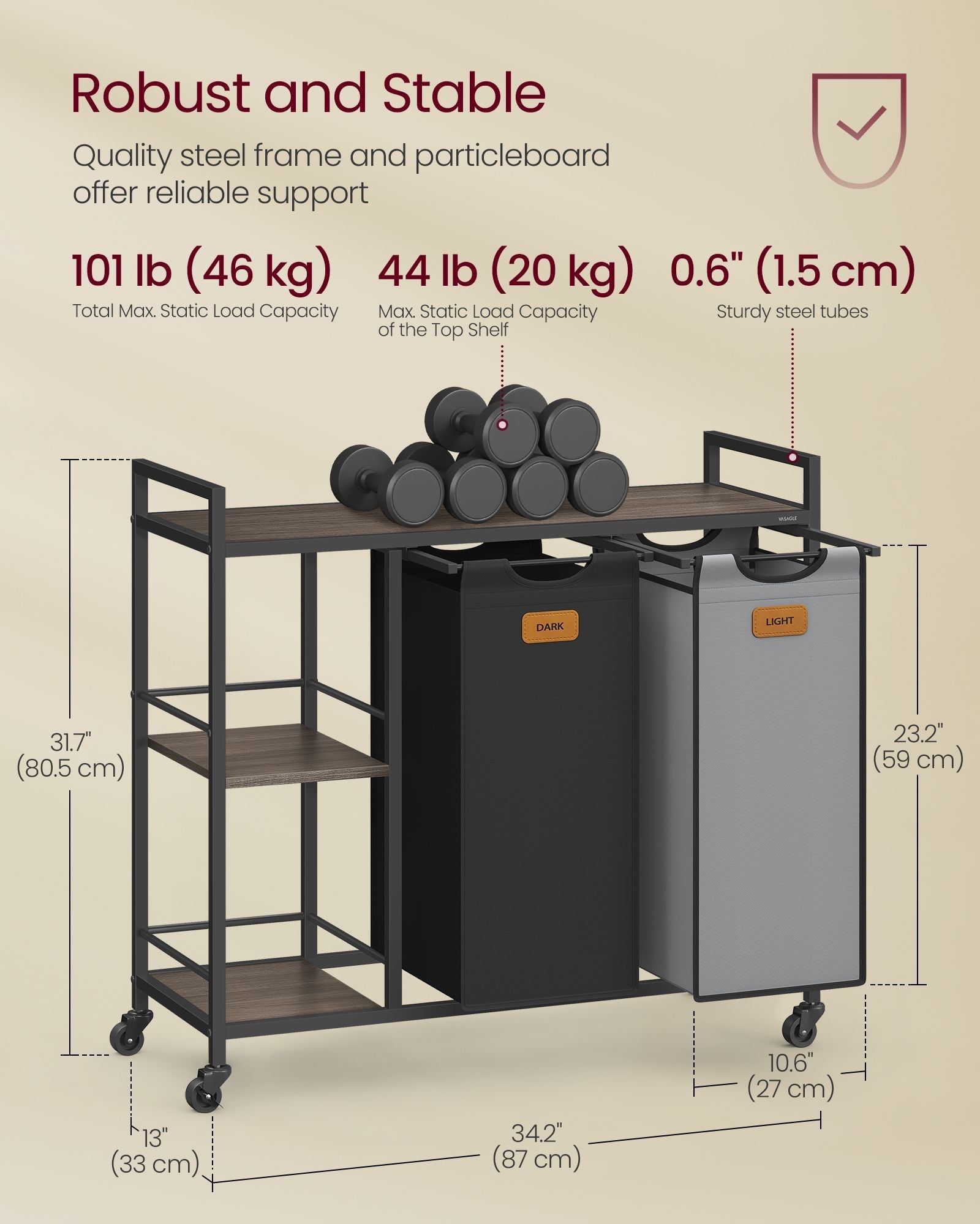 Laundry Hamper with Wheels, 2/3 Removable Liners, Adjustable Feet, Storage Shelves
