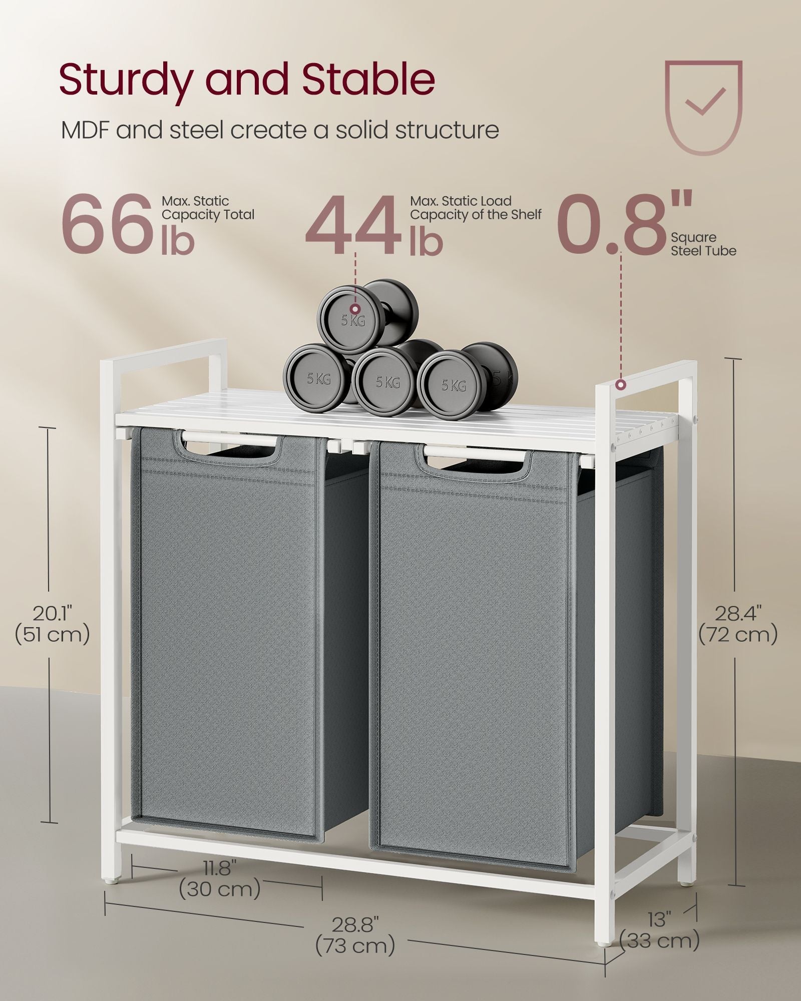 Laundry hamper with shelf, 1–4 compartments, pull-out liners, steel frame