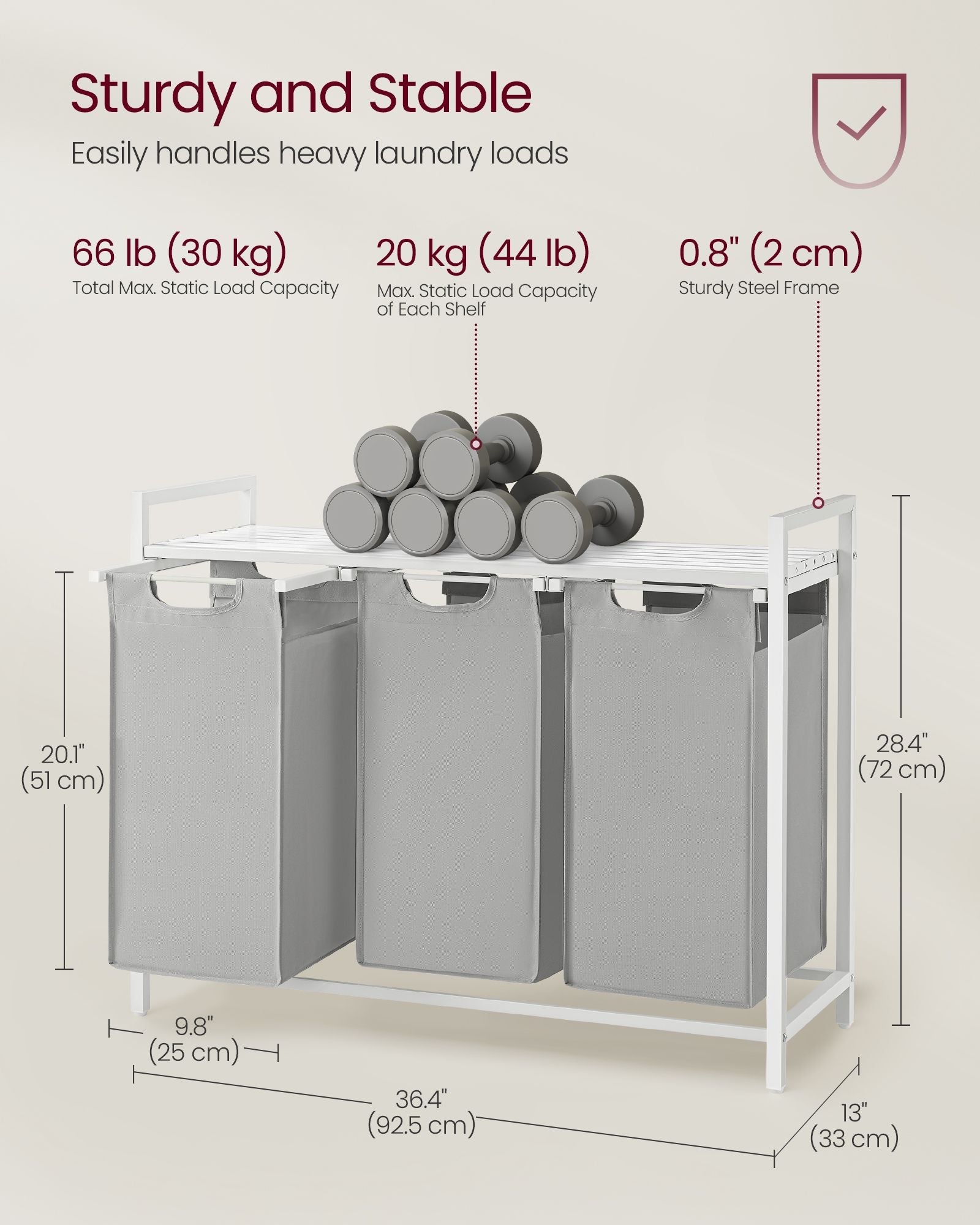 Laundry hamper with shelf, 1–4 compartments, pull-out liners, steel frame