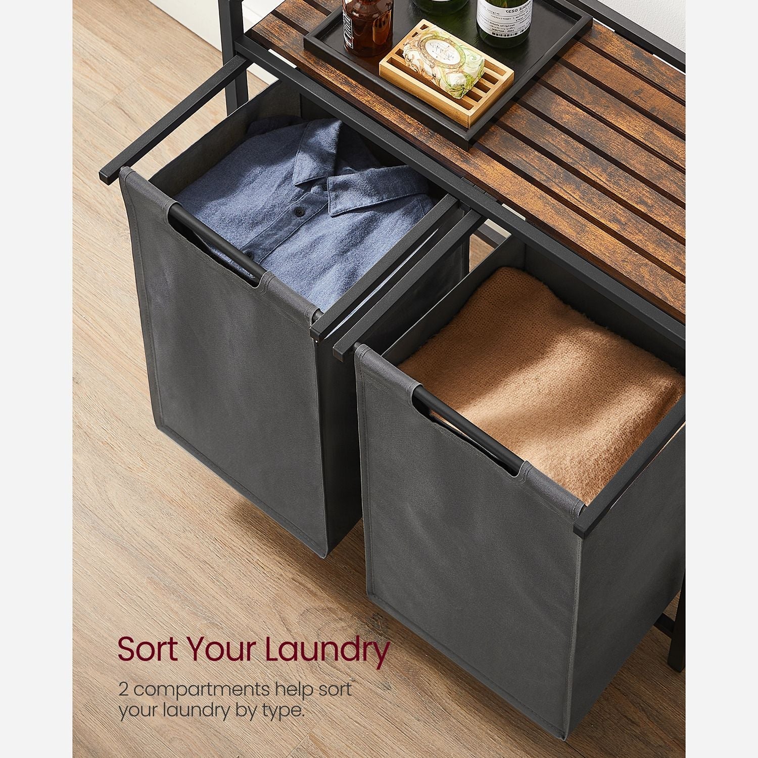Laundry hamper with shelf, 1–4 compartments, pull-out liners, steel frame