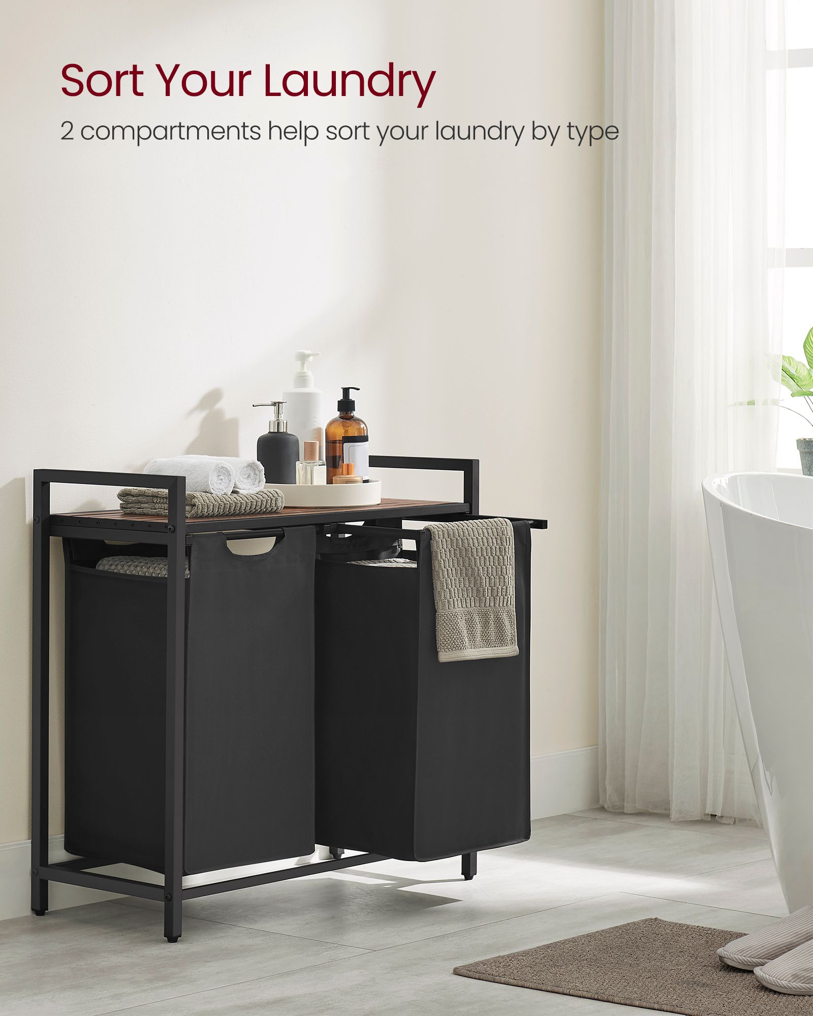 Laundry hamper with shelf, 1–4 compartments, pull-out liners, steel frame