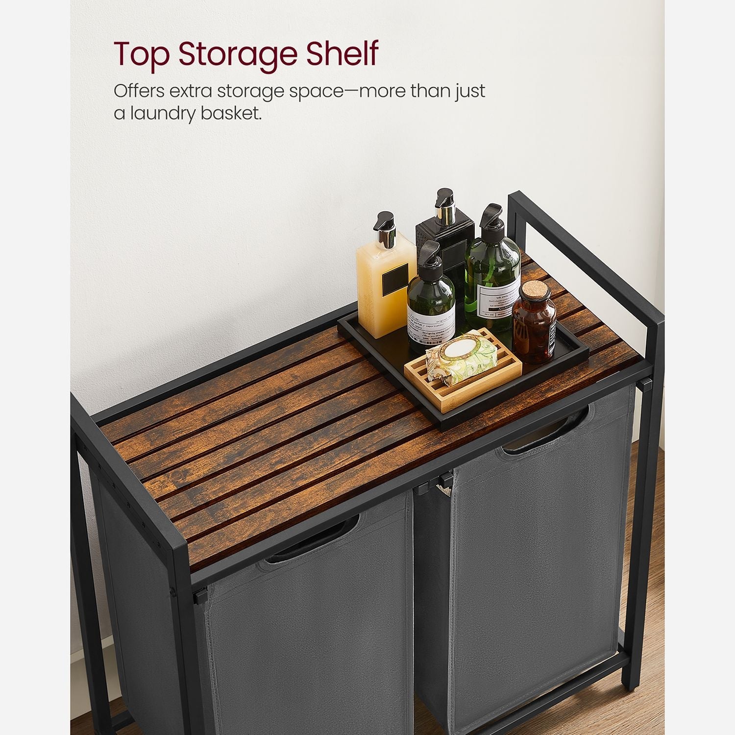 Laundry hamper with shelf, 1–4 compartments, pull-out liners, steel frame