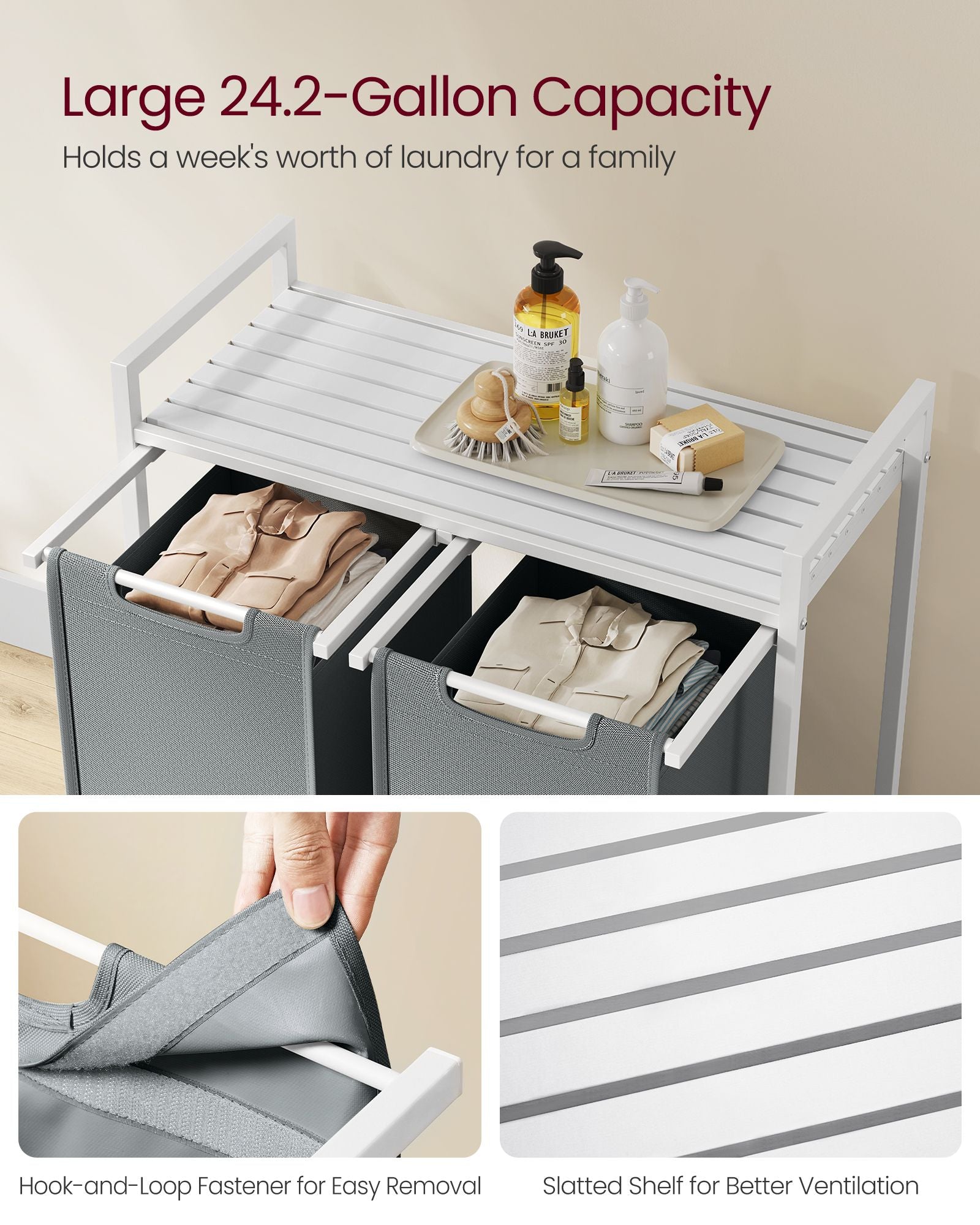 Laundry hamper with shelf, 1–4 compartments, pull-out liners, steel frame