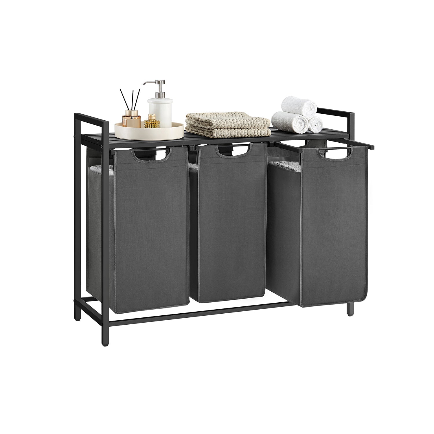 Laundry hamper with shelf, 1–4 compartments, pull-out liners, steel frame