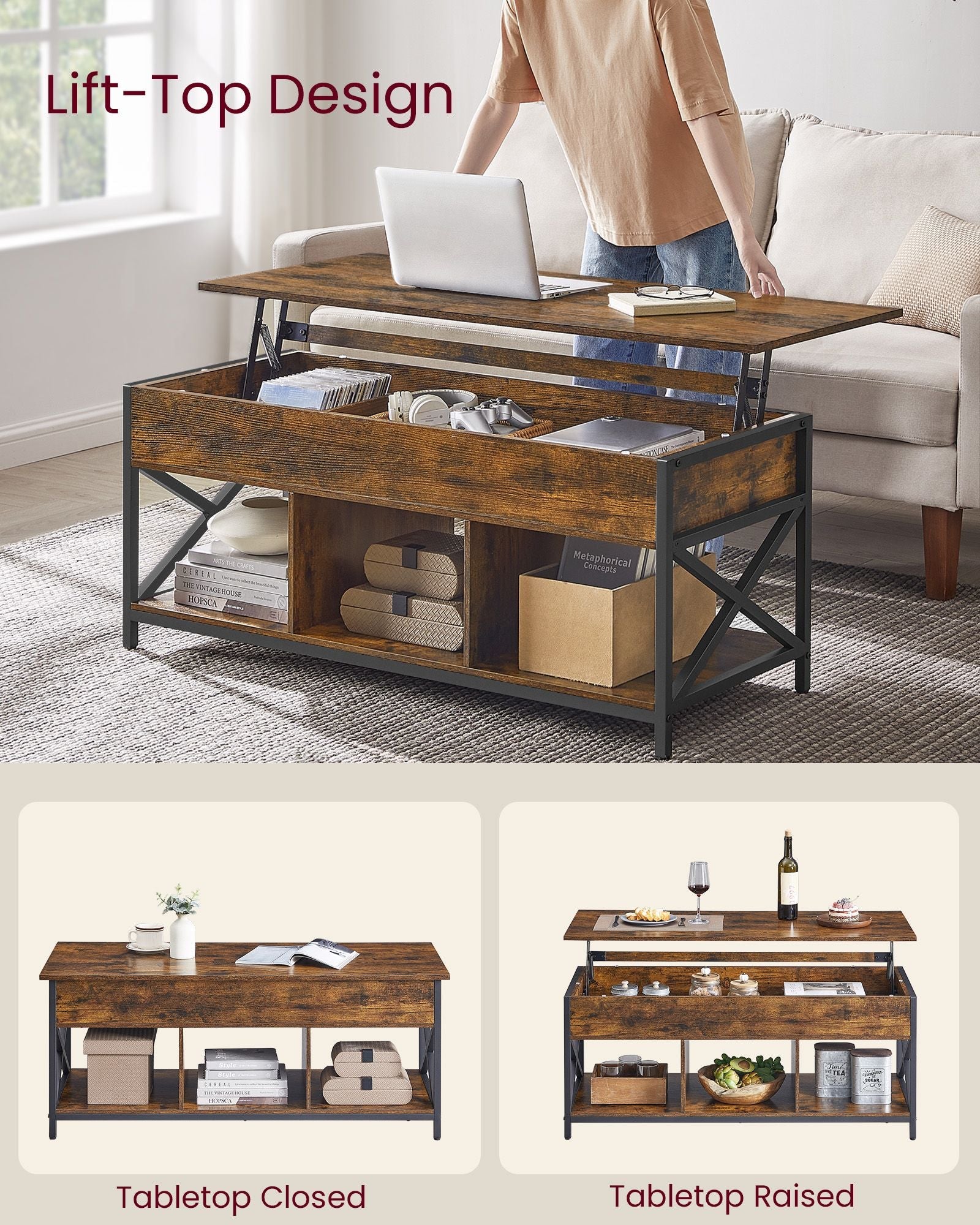 Lift-top coffee table - industrial style - adjustable height - hidden storage