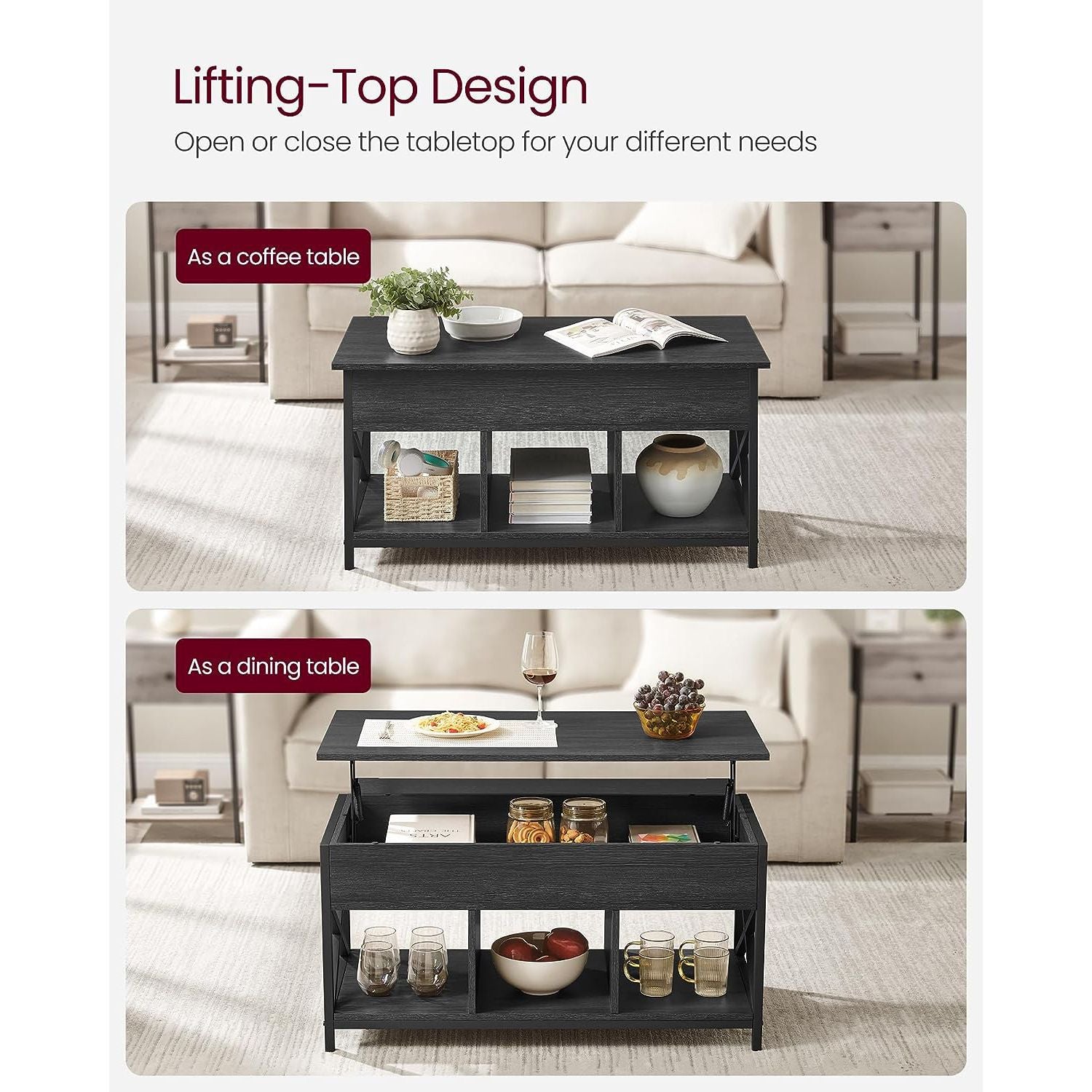 Lift-top coffee table - industrial style - adjustable height - hidden storage
