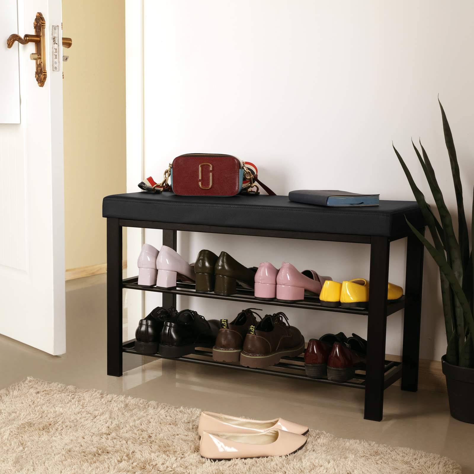 3-Tier Shoe Bench with Foam Padded Seat - Black Seat, Dull Polished Black Frame