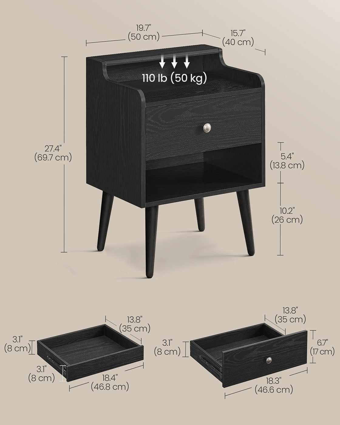 Mid-Century Nightstand Set, 2-Piece, Hidden Drawer, Solid Wood Legs