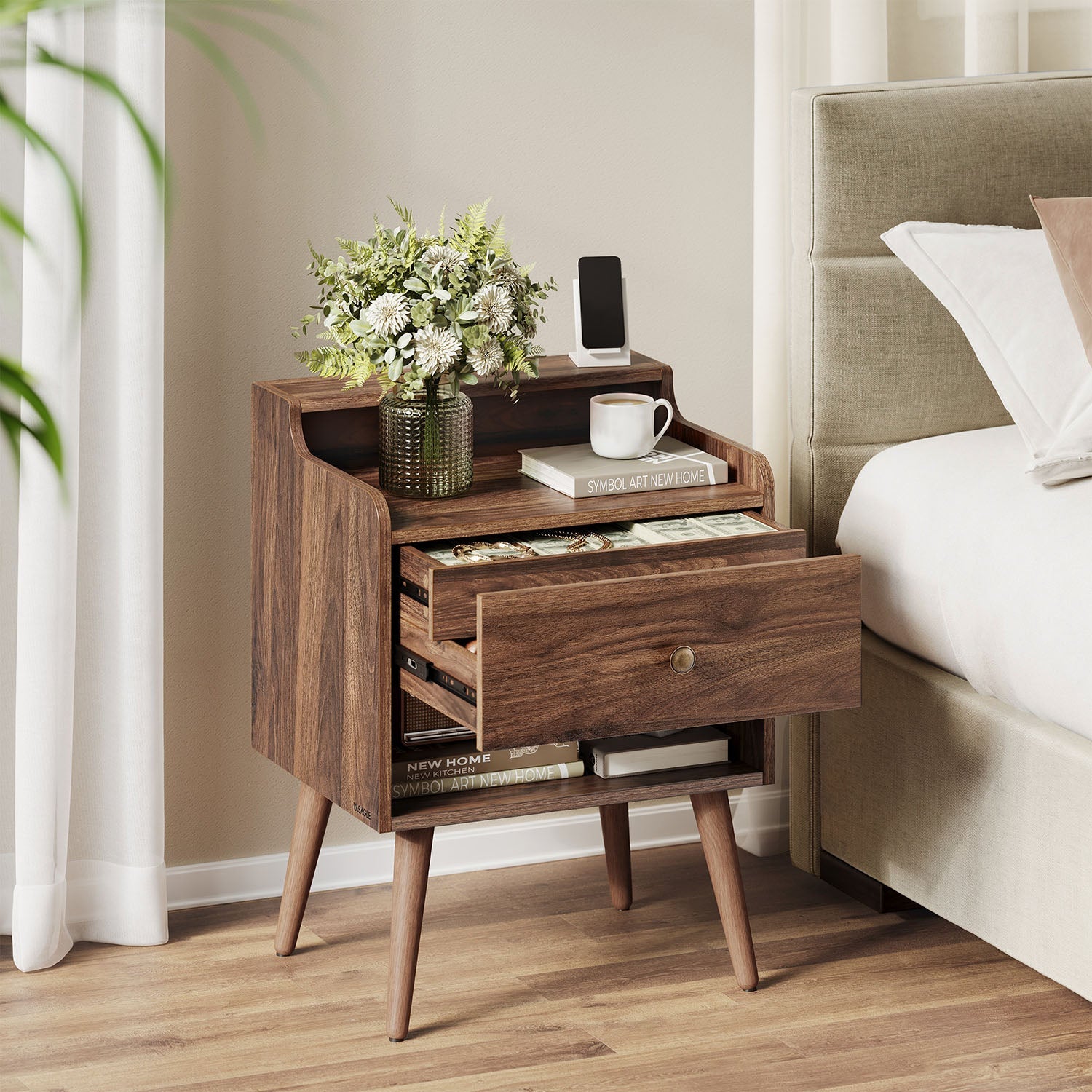 Mid-Century Nightstand Set, 2-Piece, Hidden Drawer, Solid Wood Legs