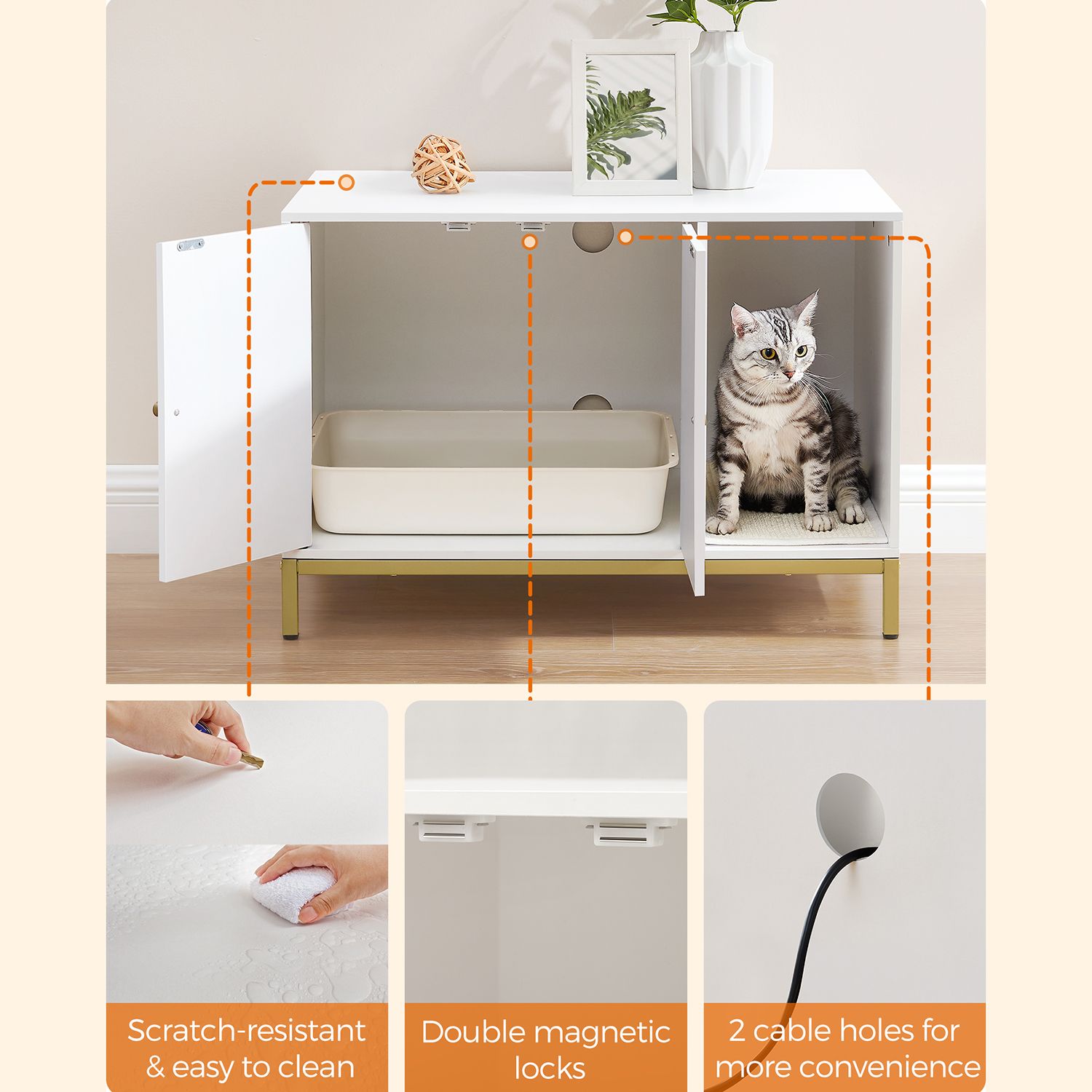 Modern litter box enclosure - side table style cat furniture with scratching mat - 31.5" wide