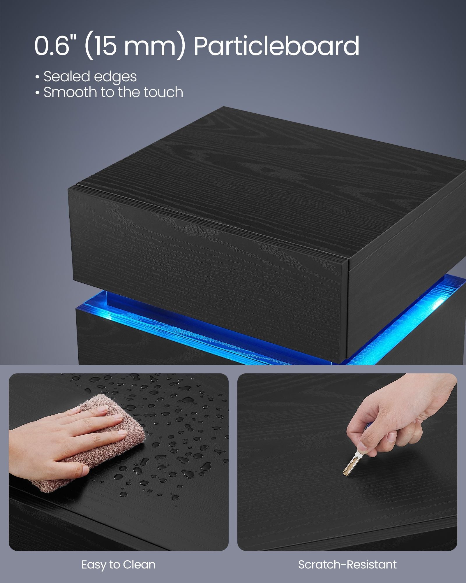 Nightstand with LED Lights – 3 Drawers – Remote Control – Modern Side Table