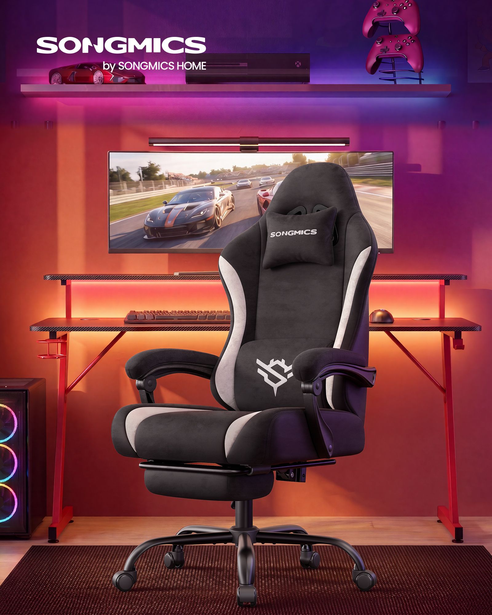 Gaming Chair - Ergonomic Computer Desk Chair with Footrest - Reclining Backrest - Ink Black and Cloud White - Ink Black