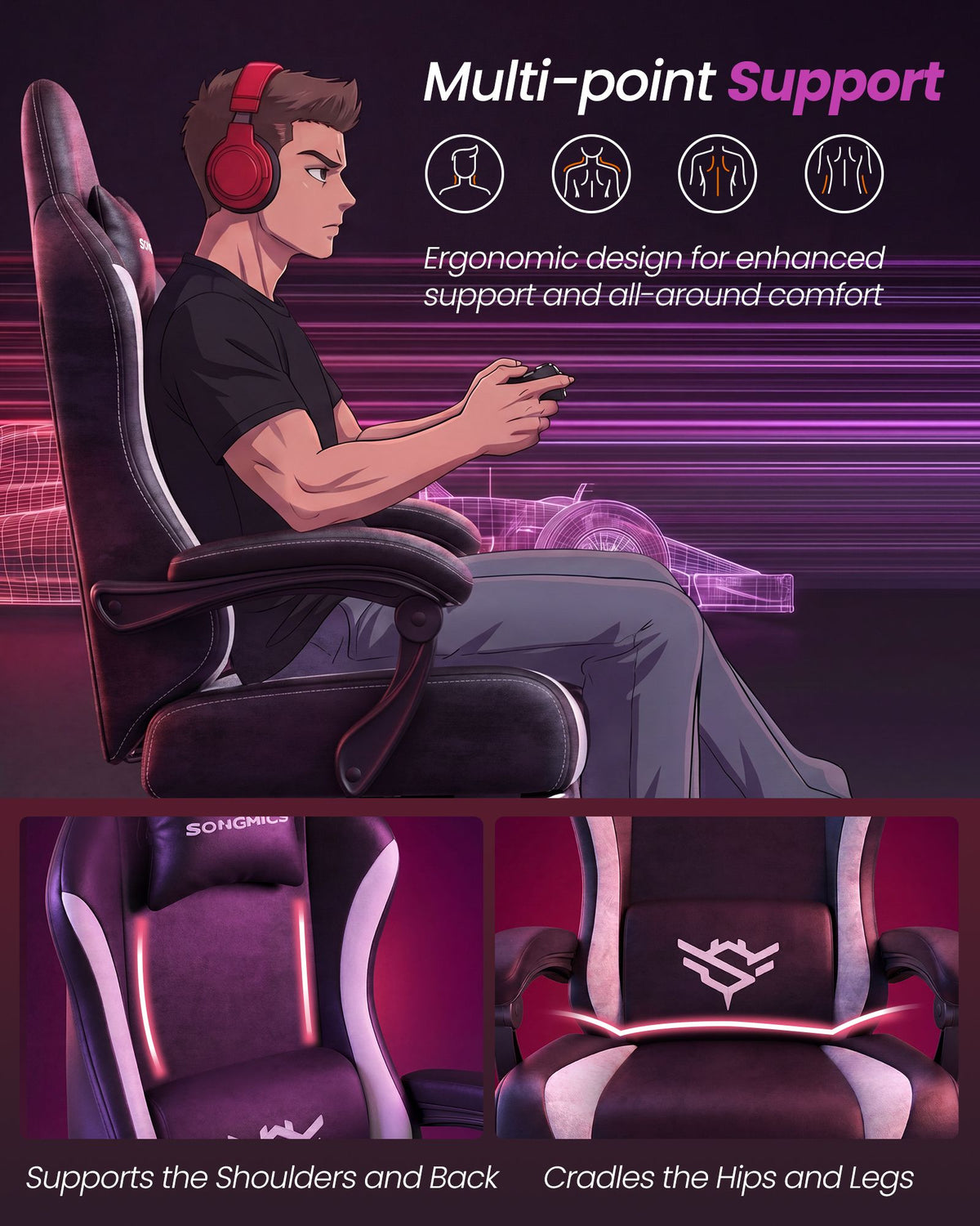 Gaming Chair - Ergonomic Design - Footrest - Reclining Backrest