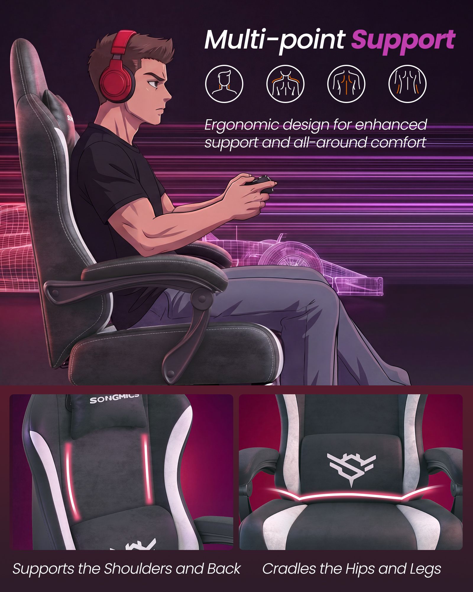 Gaming Chair - Ergonomic Design - Footrest - Reclining Backrest