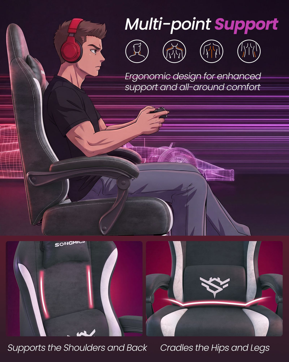 Gaming Chair - Ergonomic Design - Footrest - Reclining Backrest